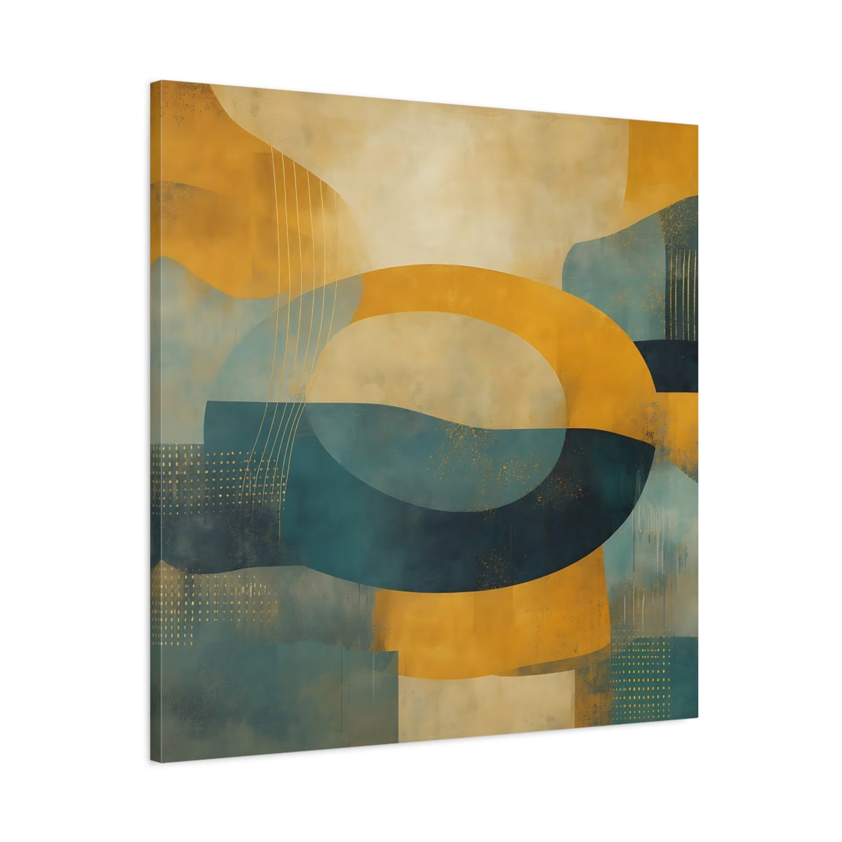 Main Mockup. Abstract Abstract Shapes Yellow Teal Abstract shown as stretched canvas wall art