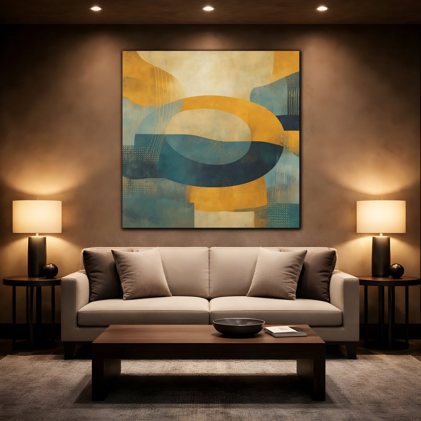 Mockup 2. Abstract Abstract Shapes Yellow Teal Abstract shown as stretched canvas wall art