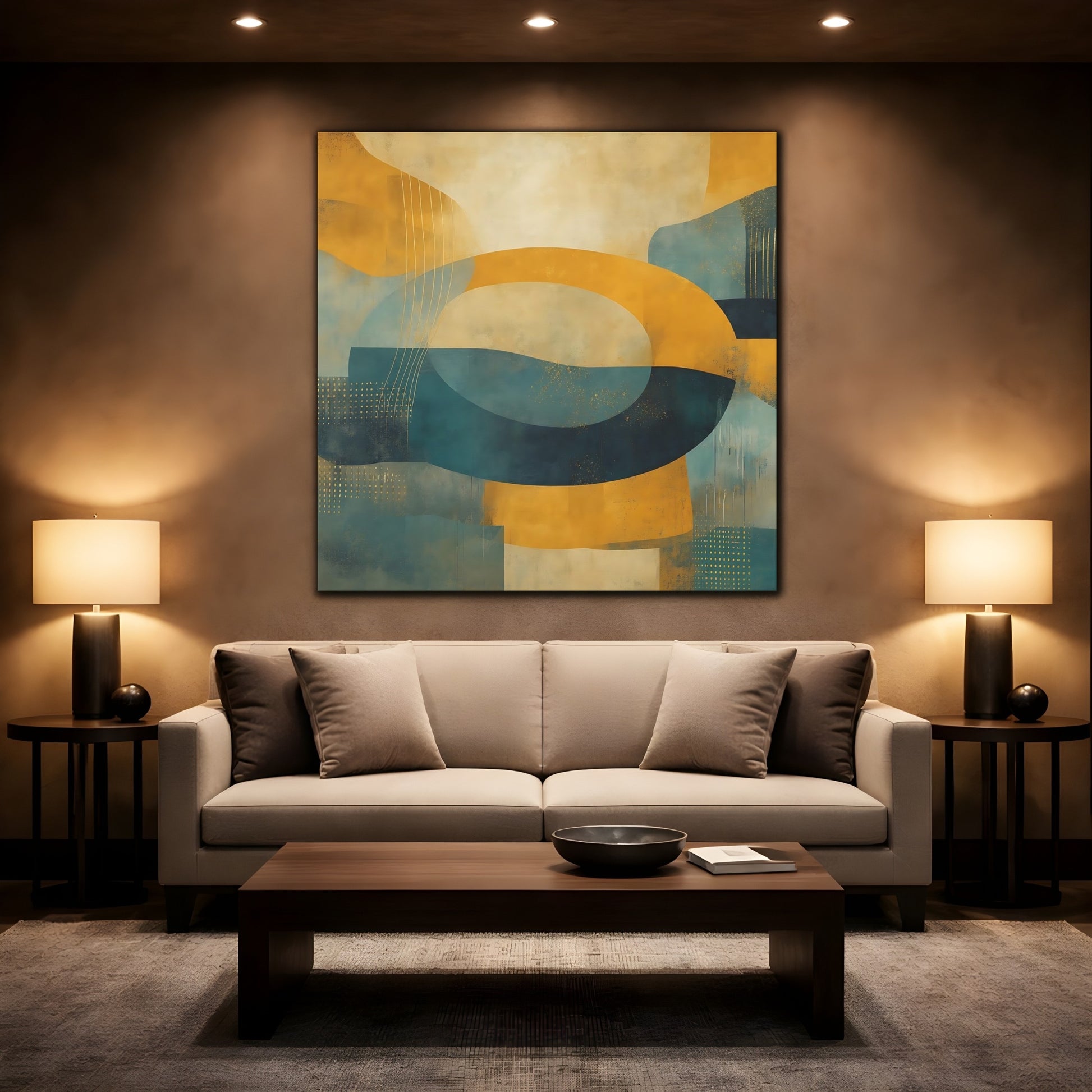 Mockup 2. Abstract Abstract Shapes Yellow Teal Abstract shown as stretched canvas wall art