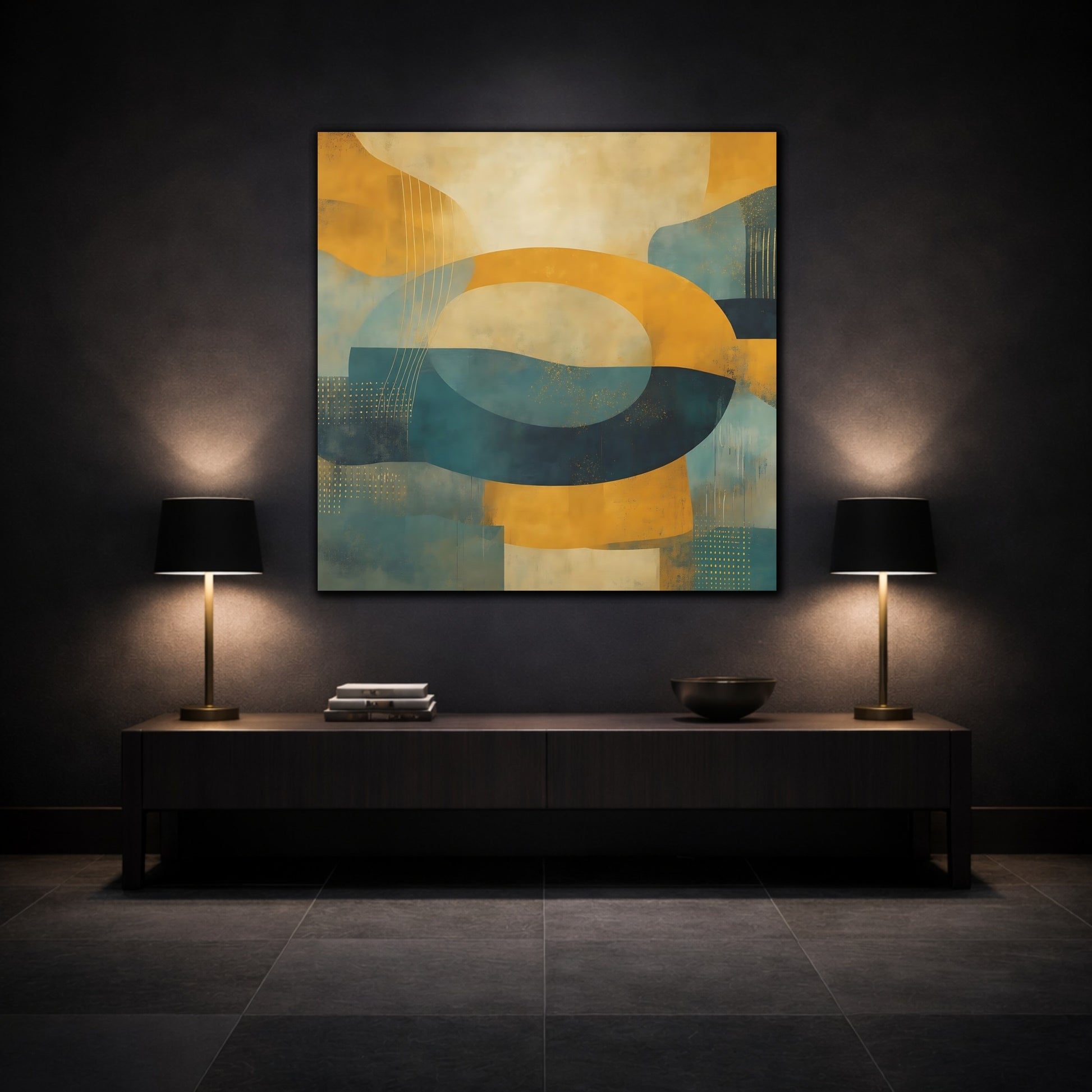 Mockup 3. Abstract Abstract Shapes Yellow Teal Abstract shown as stretched canvas wall art