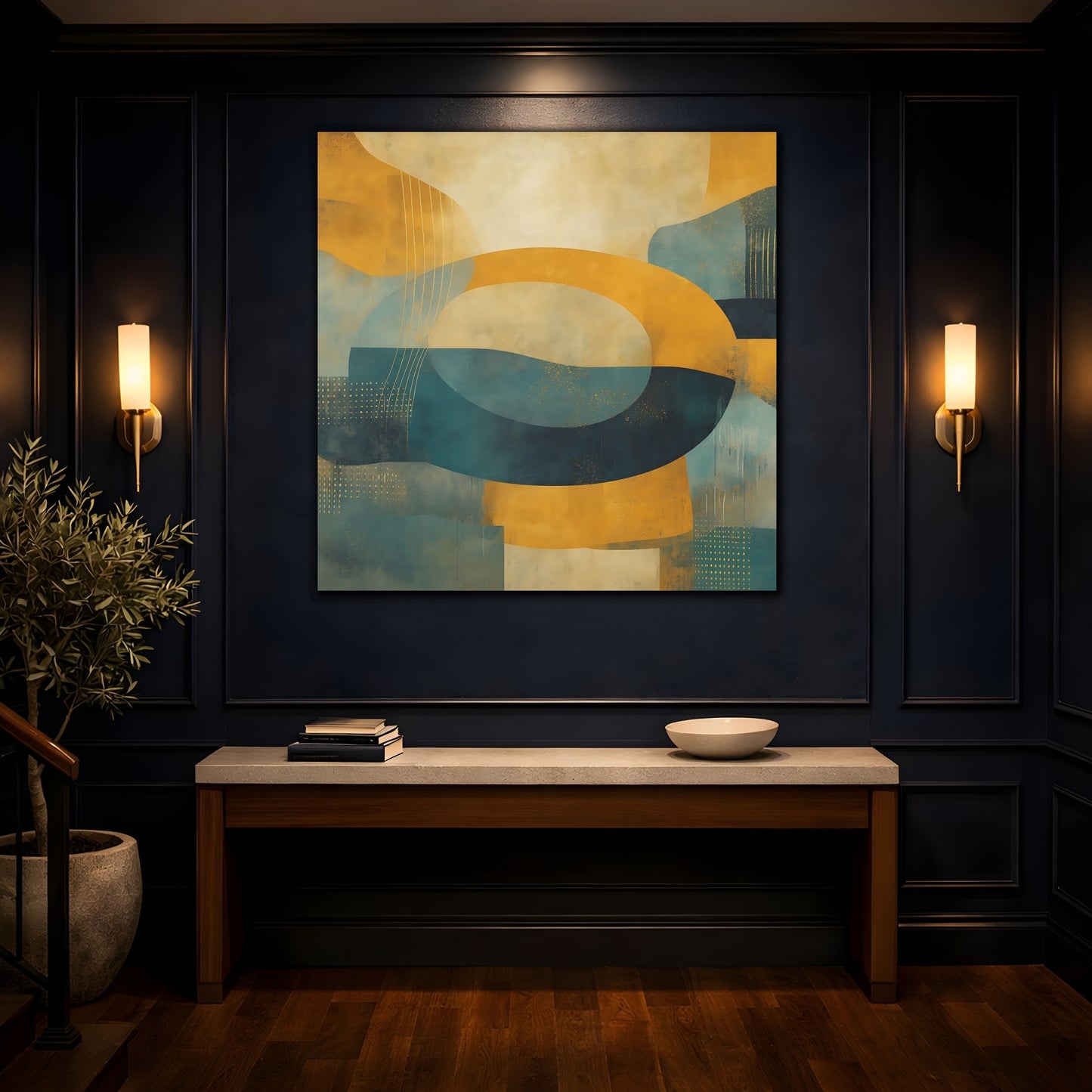 Mockup 4. Abstract Abstract Shapes Yellow Teal Abstract shown as stretched canvas wall art