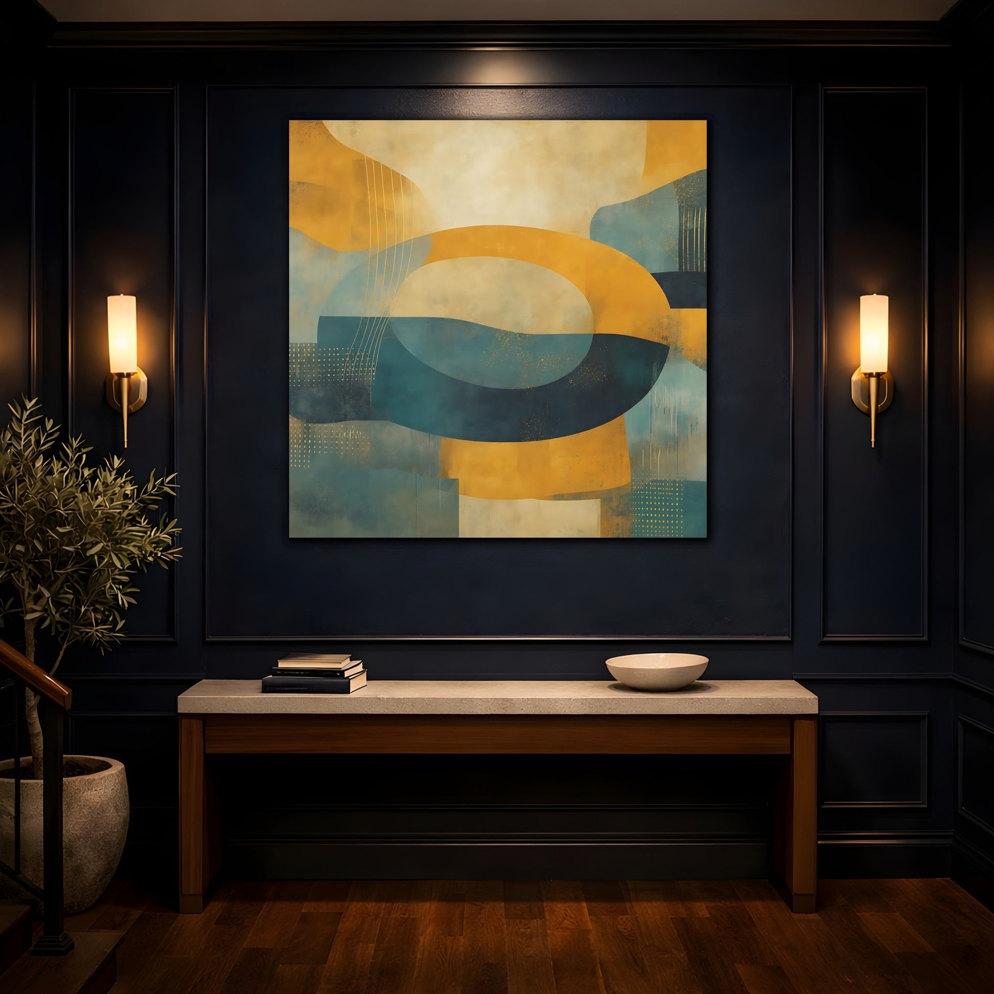 Mockup 4. Abstract Abstract Shapes Yellow Teal Abstract shown as stretched canvas wall art