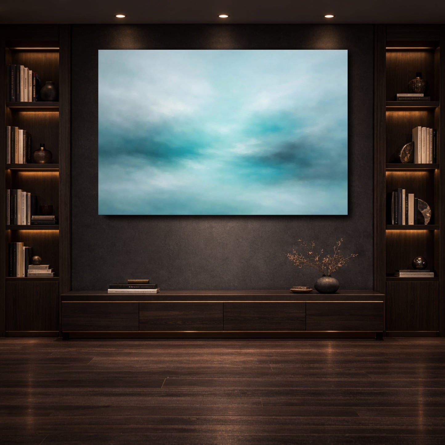 Mockup 3. Abstract Abstract Sky Aqua Abstract shown as stretched canvas wall art