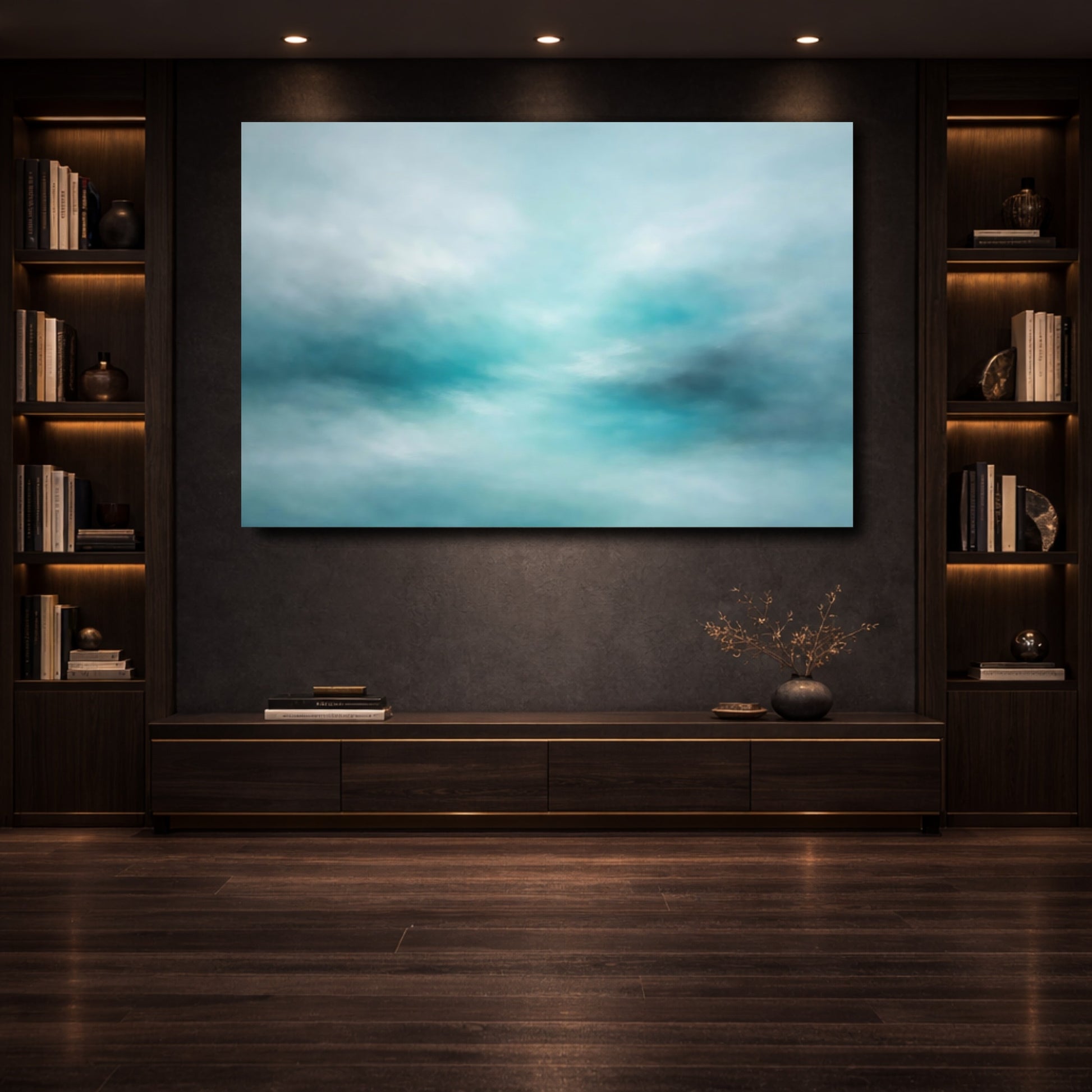 Mockup 3. Abstract Abstract Sky Aqua Abstract shown as stretched canvas wall art