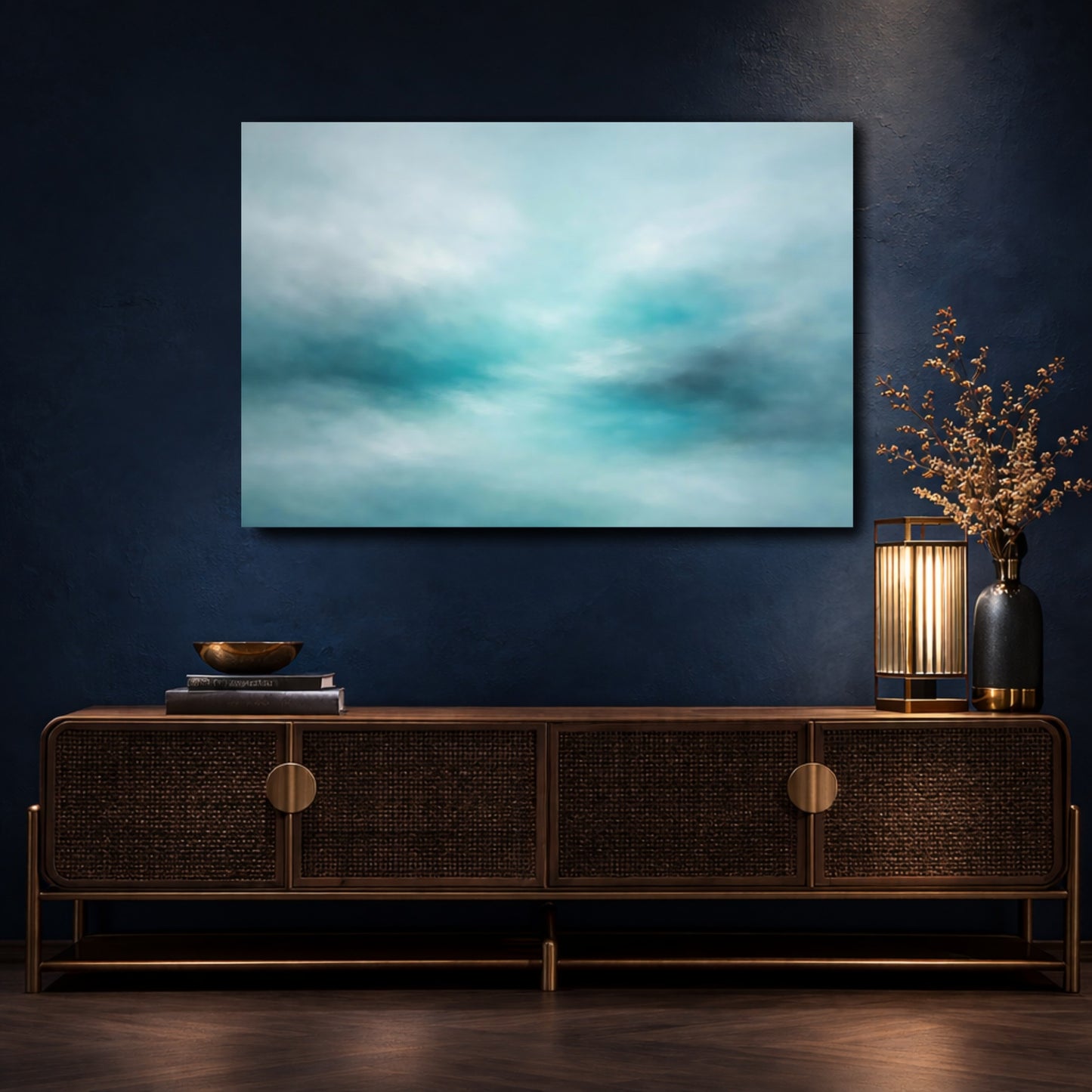 Mockup 4. Abstract Abstract Sky Aqua Abstract shown as stretched canvas wall art