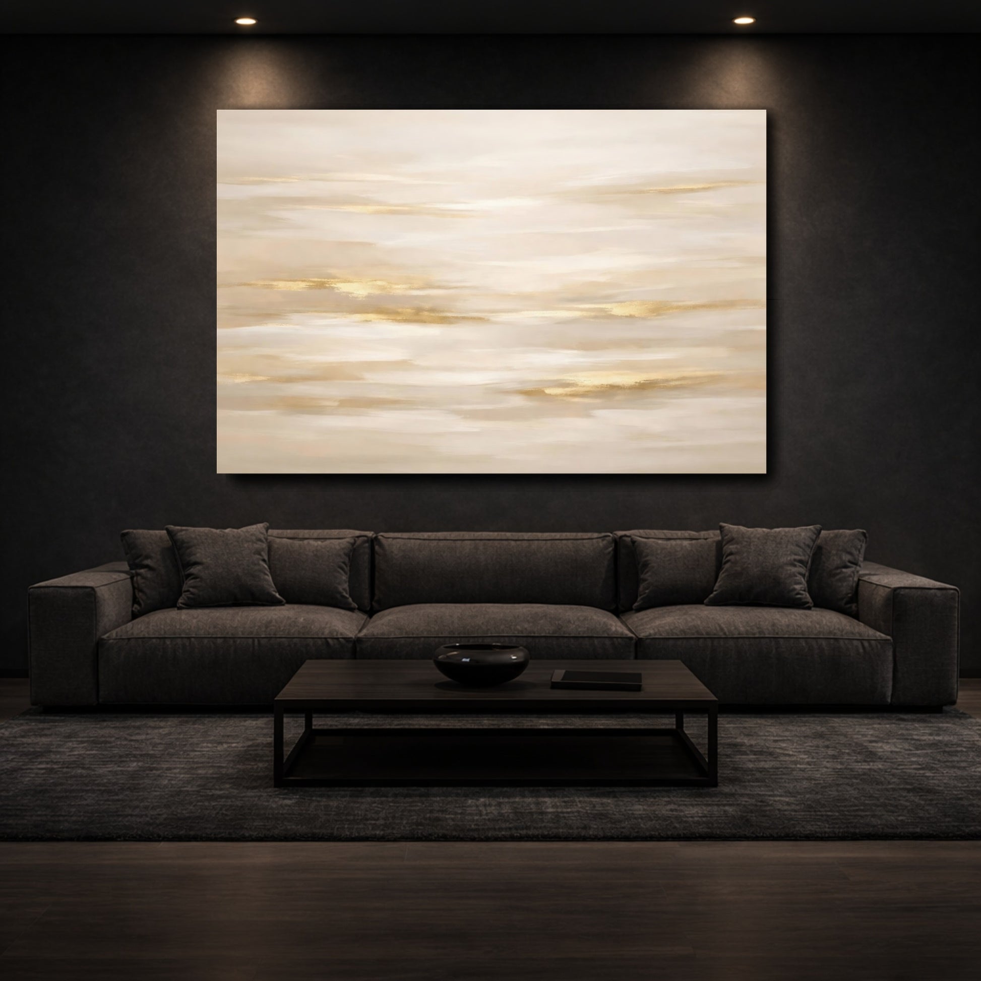 Mockup 2. Abstract Abstract Sky Beige Gold Abstract shown as stretched canvas wall art