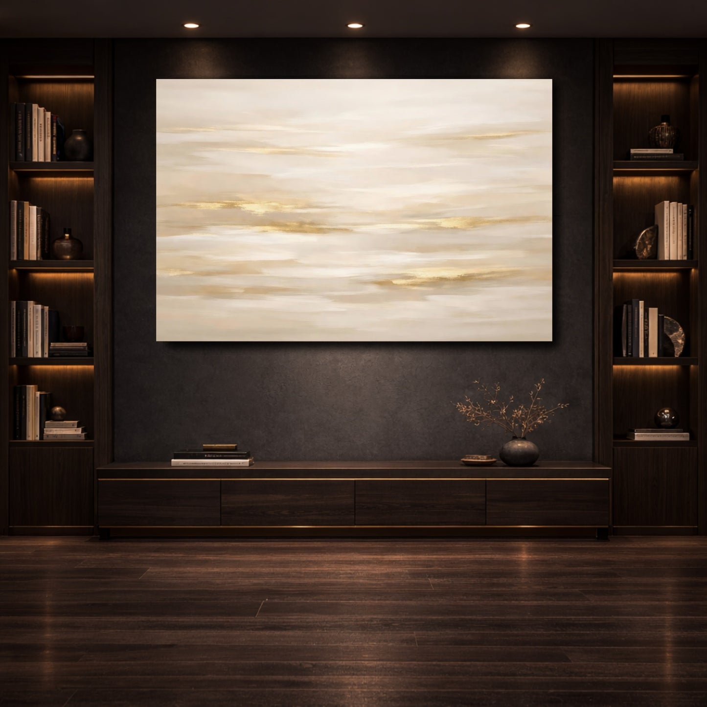 Mockup 3. Abstract Abstract Sky Beige Gold Abstract shown as stretched canvas wall art