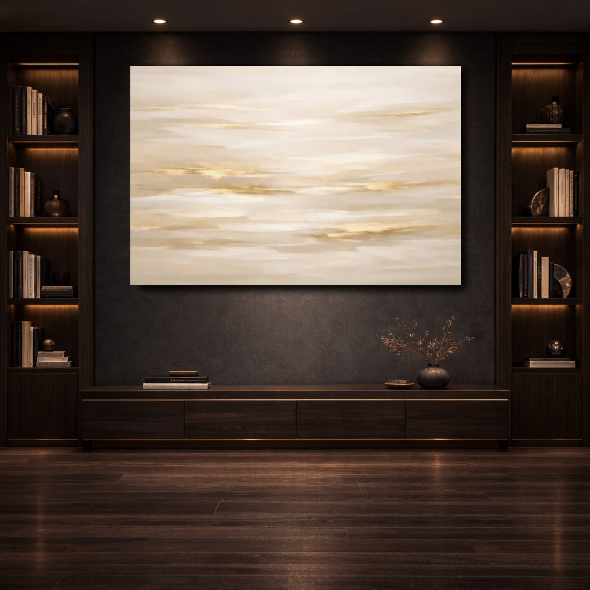 Mockup 3. Abstract Abstract Sky Beige Gold Abstract shown as stretched canvas wall art
