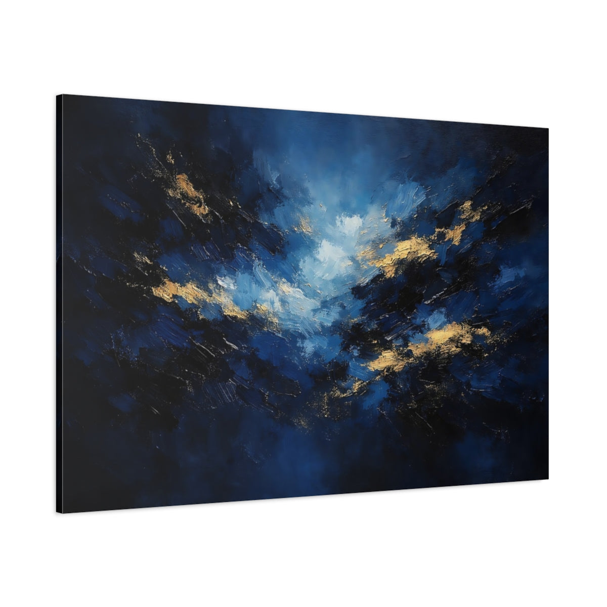 Main Mockup. Abstract Abstract Sky Blue And Gold shown as stretched canvas wall art