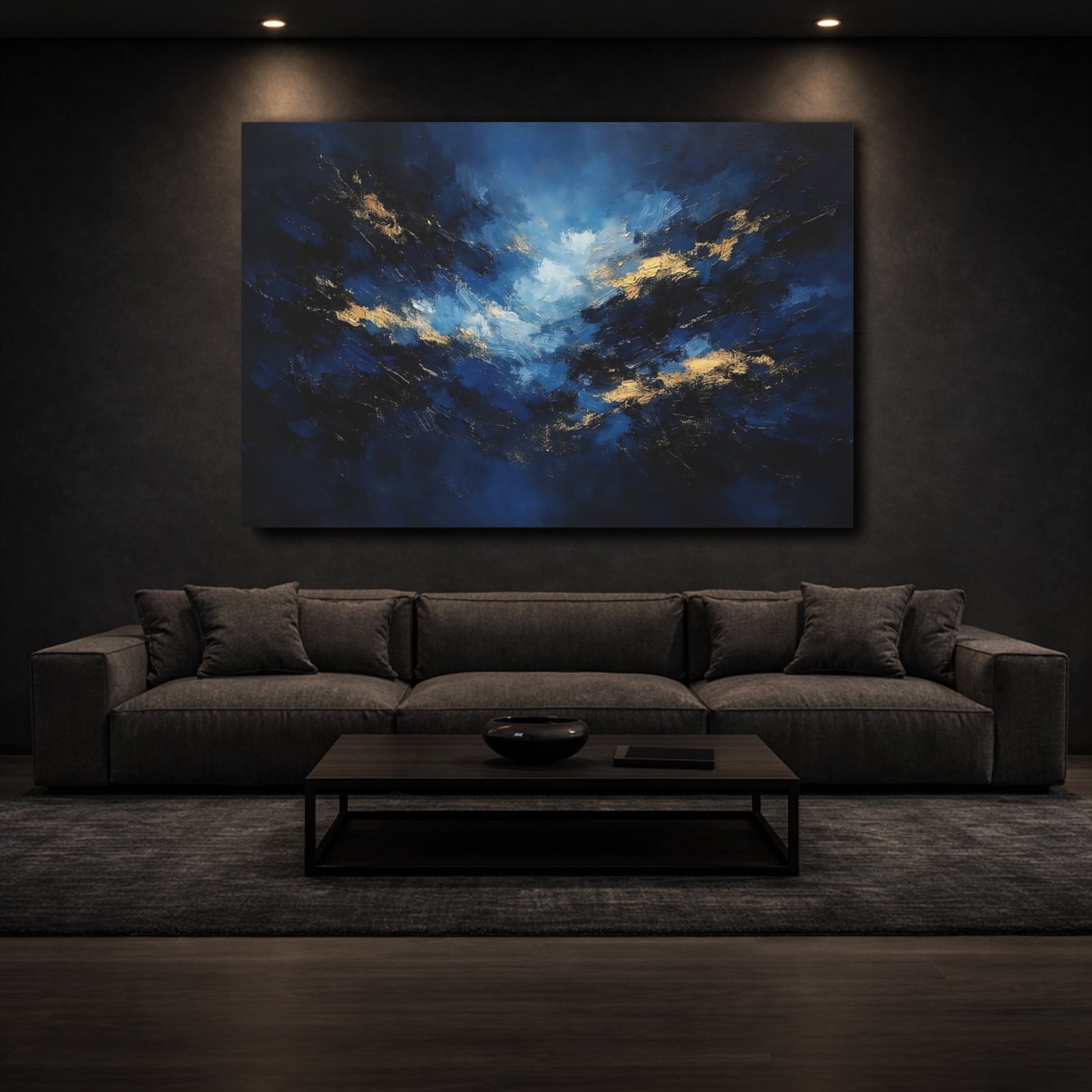 Mockup 2. Abstract Abstract Sky Blue And Gold shown as stretched canvas wall art