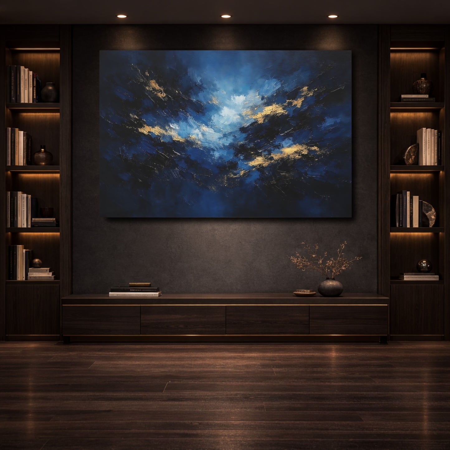 Mockup 3. Abstract Abstract Sky Blue And Gold shown as stretched canvas wall art