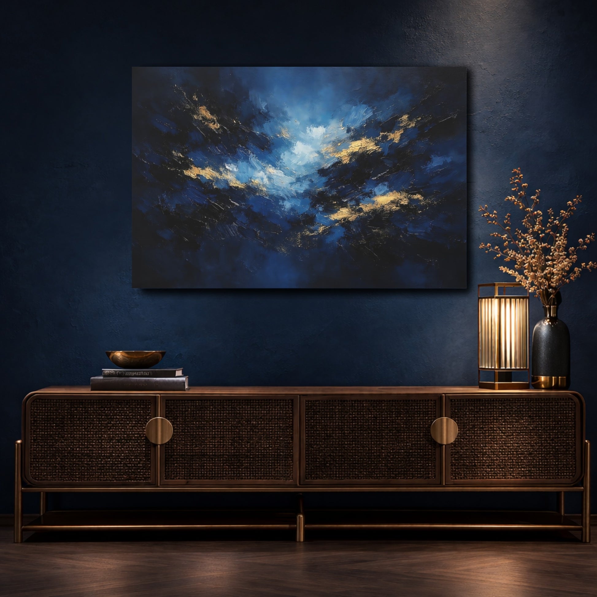 Mockup 4. Abstract Abstract Sky Blue And Gold shown as stretched canvas wall art