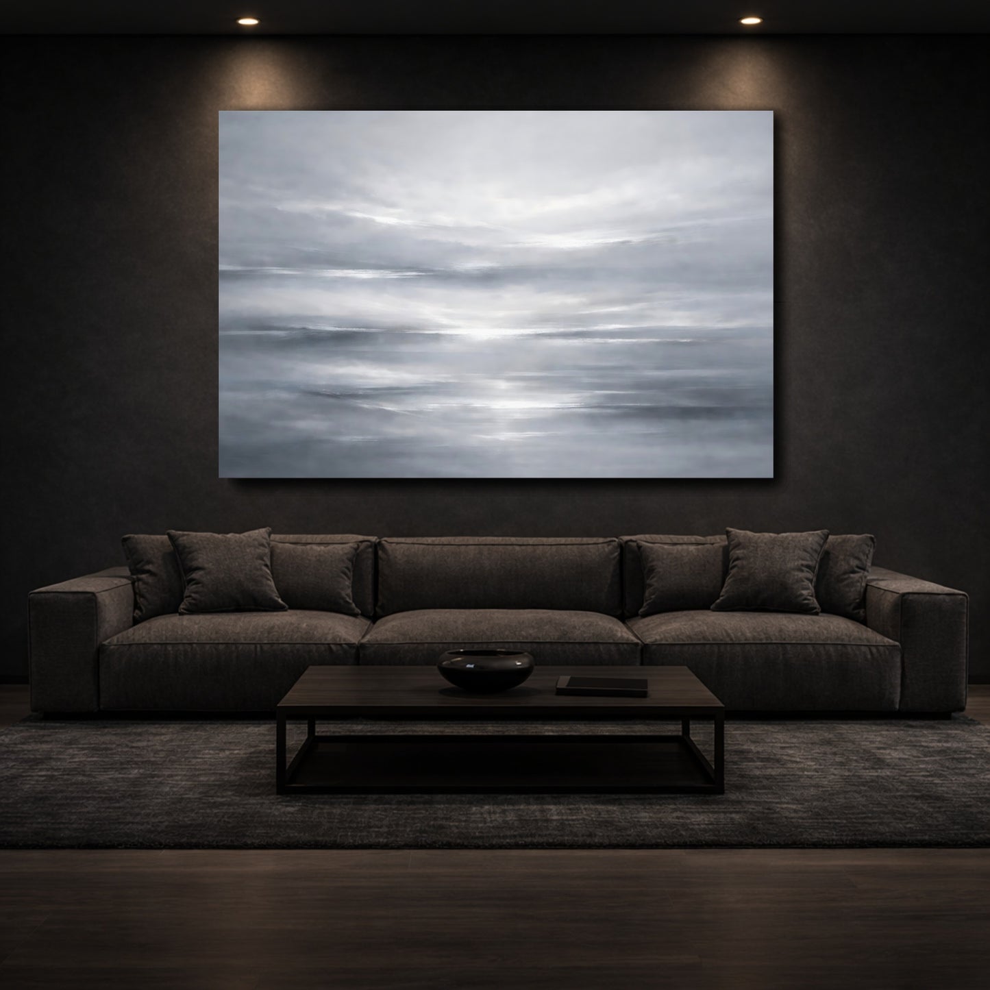 Mockup 2. Abstract Abstract Sky Grey And White shown as stretched canvas wall art