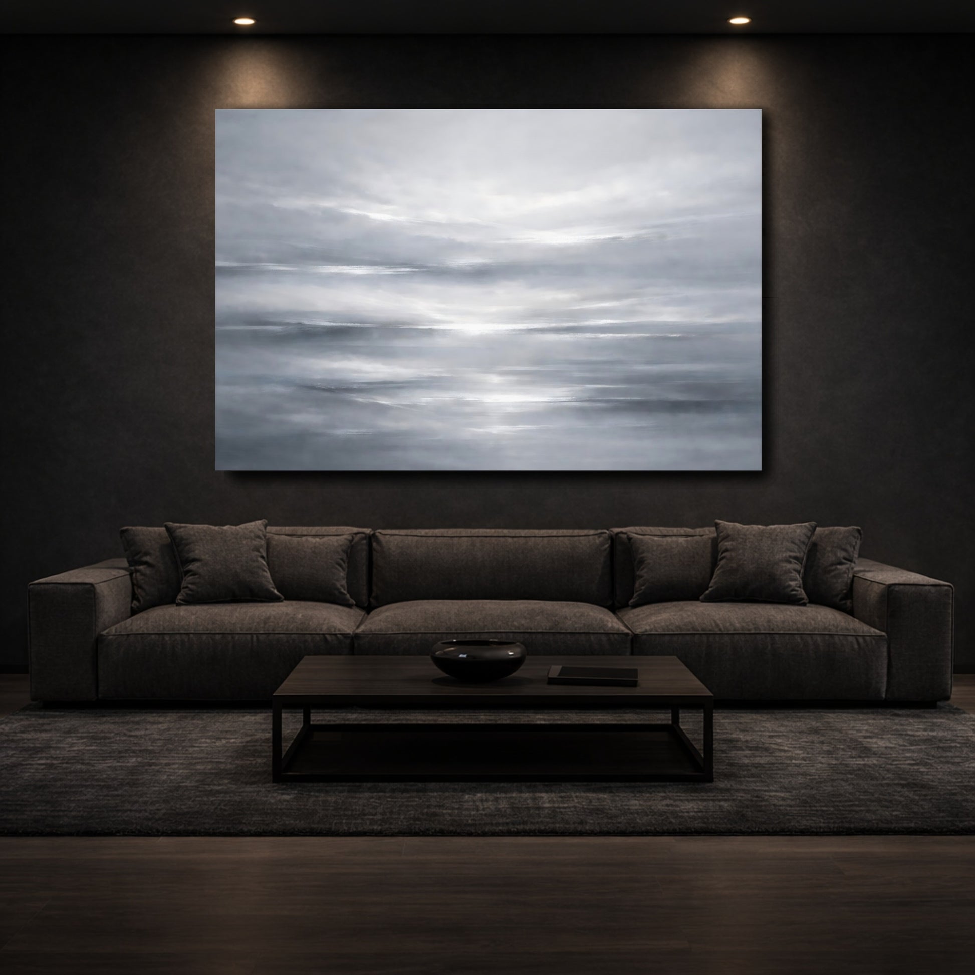 Mockup 2. Abstract Abstract Sky Grey And White shown as stretched canvas wall art
