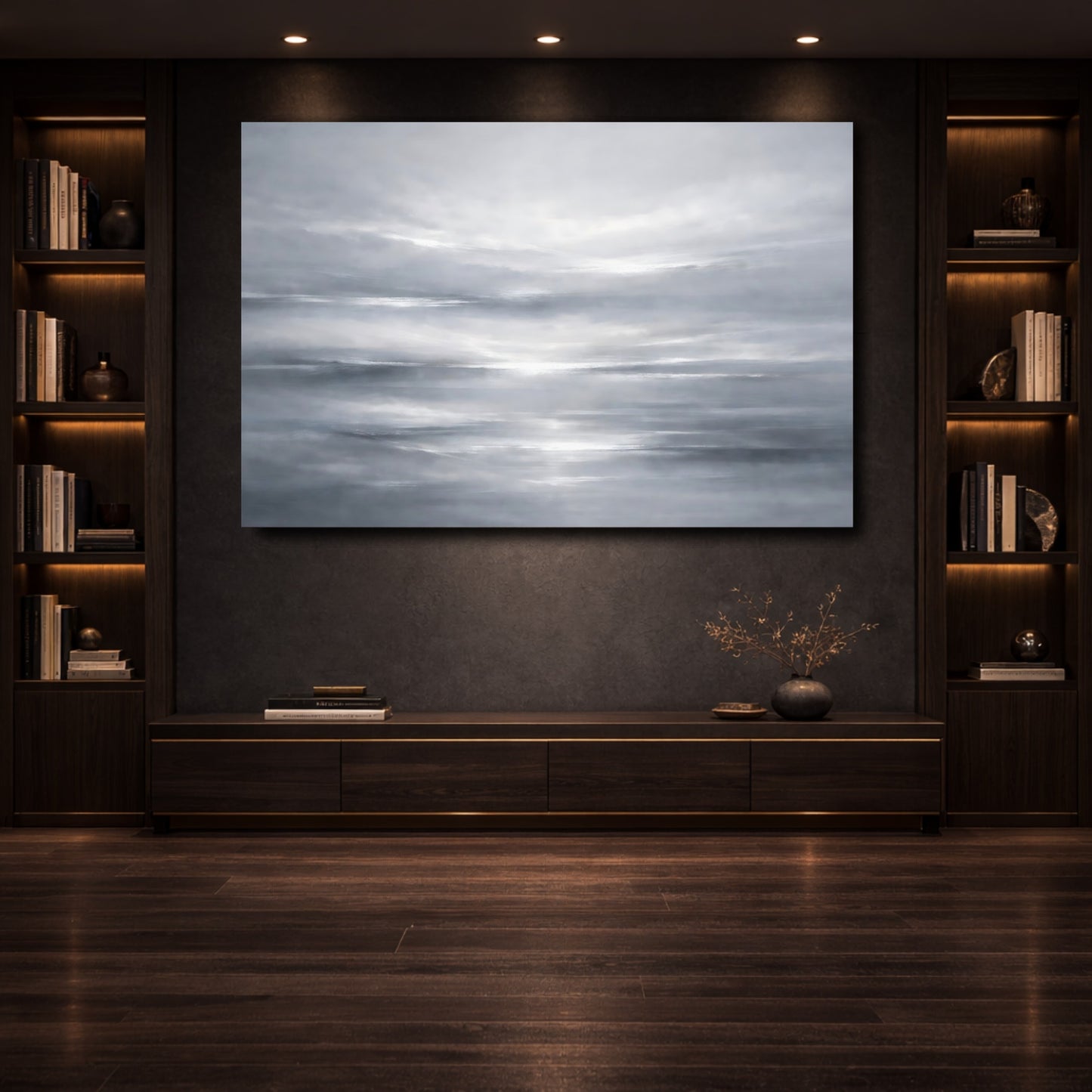 Mockup 3. Abstract Abstract Sky Grey And White shown as stretched canvas wall art
