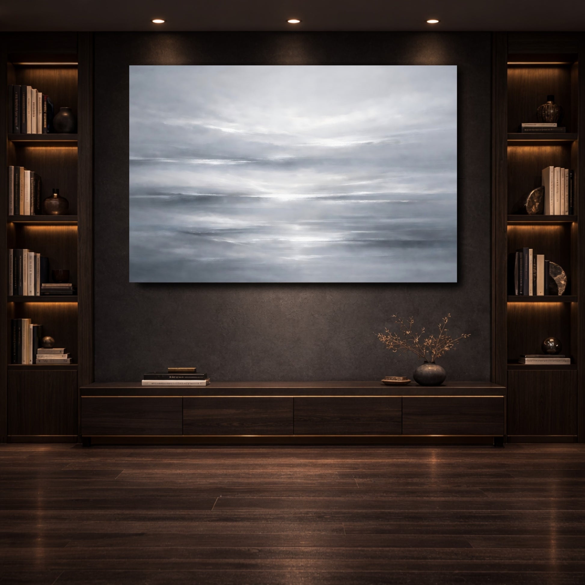Mockup 3. Abstract Abstract Sky Grey And White shown as stretched canvas wall art