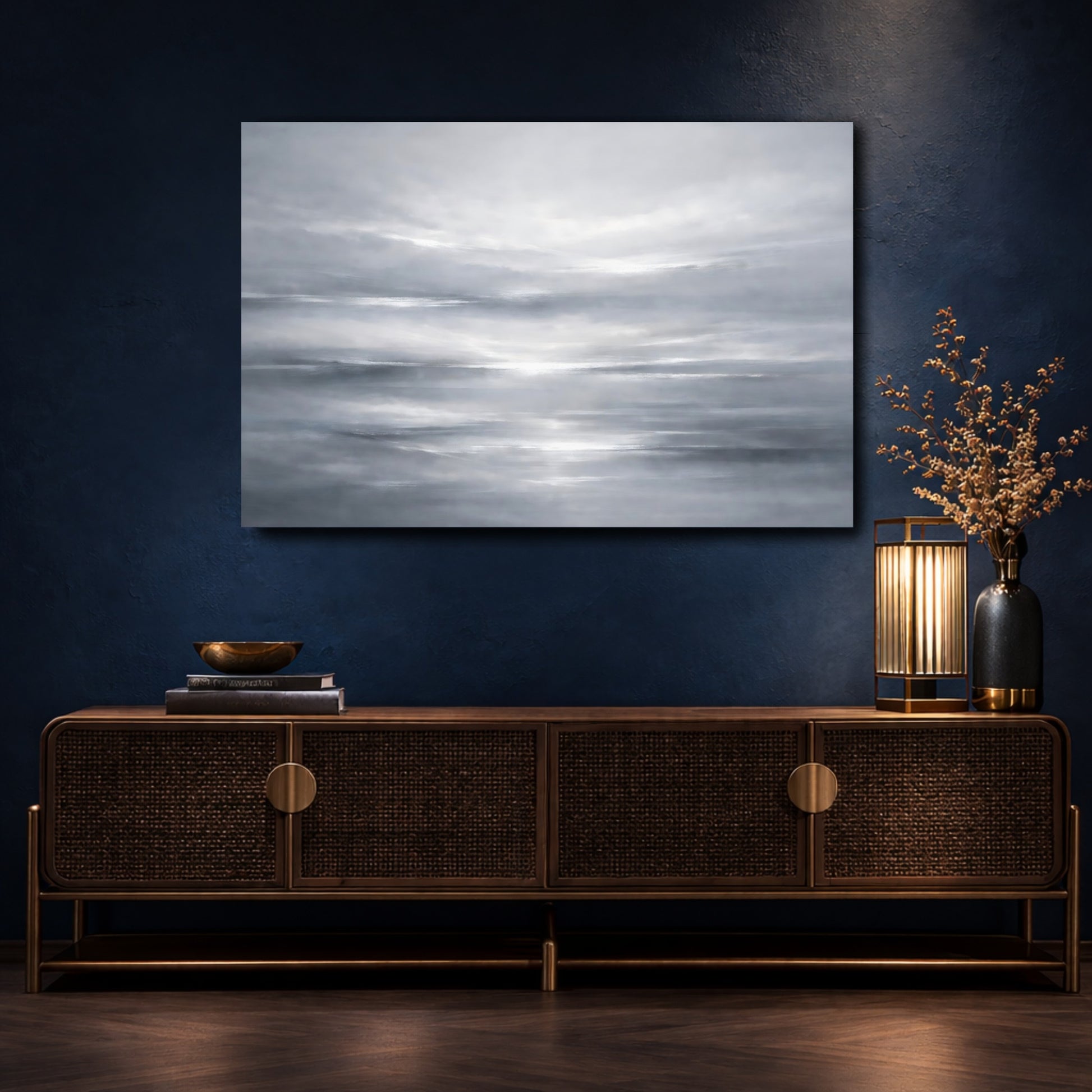 Mockup 4. Abstract Abstract Sky Grey And White shown as stretched canvas wall art