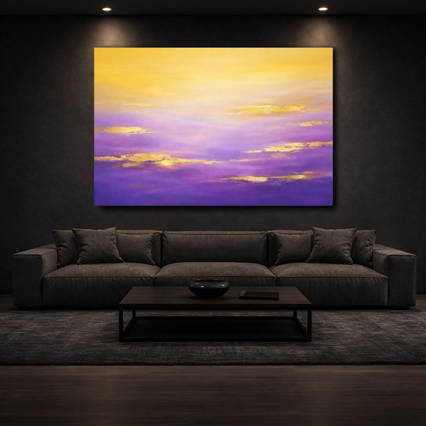 Mockup 2. Abstract Abstract Sky Purple Gold Ombre shown as stretched canvas wall art