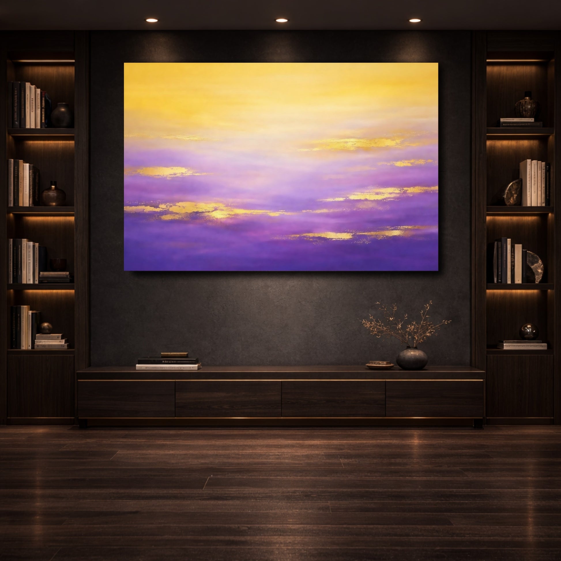 Mockup 3. Abstract Abstract Sky Purple Gold Ombre shown as stretched canvas wall art