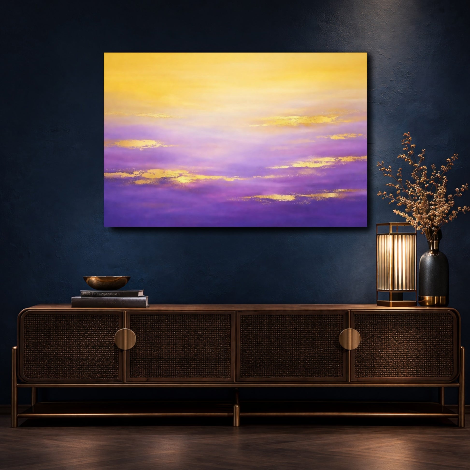 Mockup 4. Abstract Abstract Sky Purple Gold Ombre shown as stretched canvas wall art