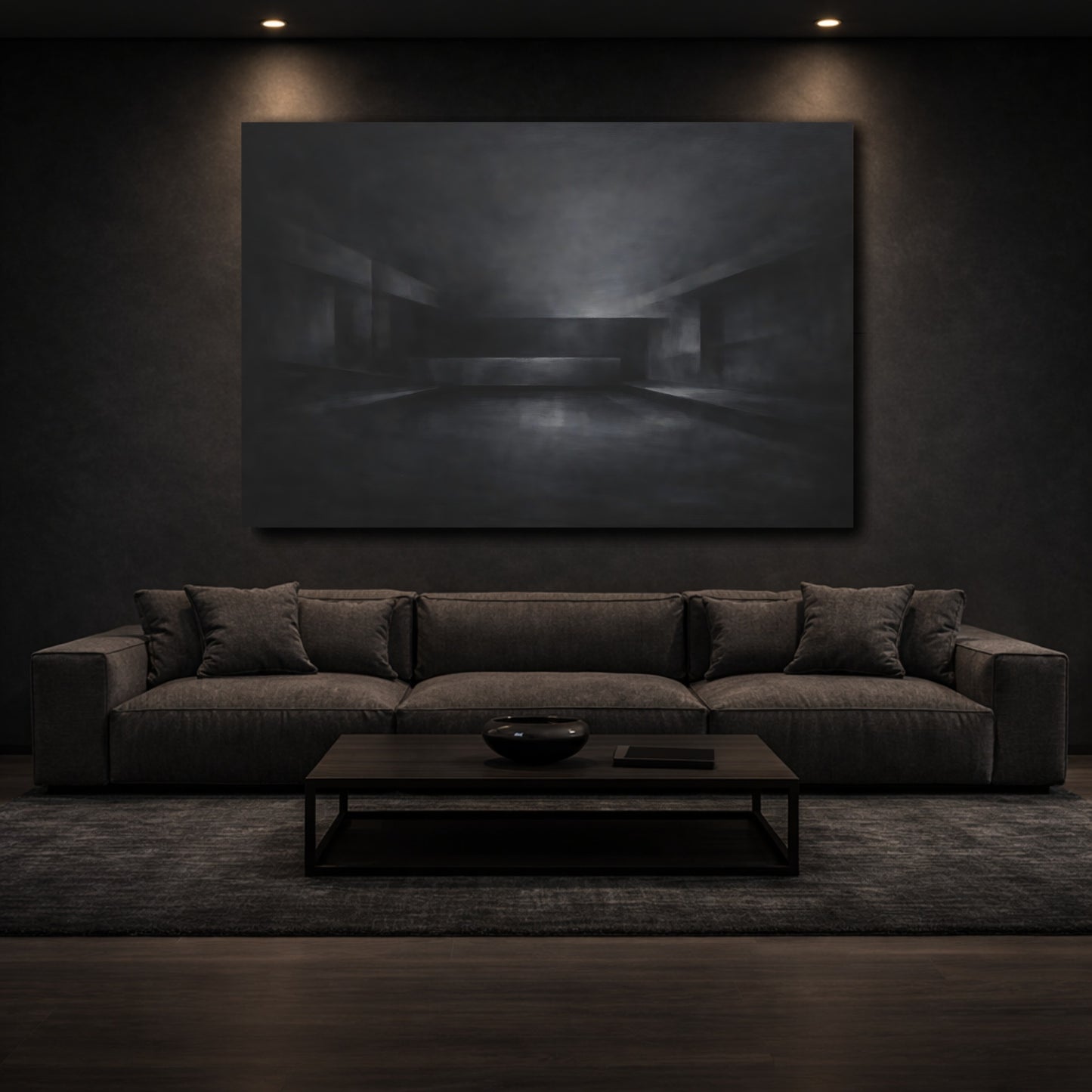 Mockup 2. Abstract Abstract Space Dark Grey Abstract shown as stretched canvas wall art