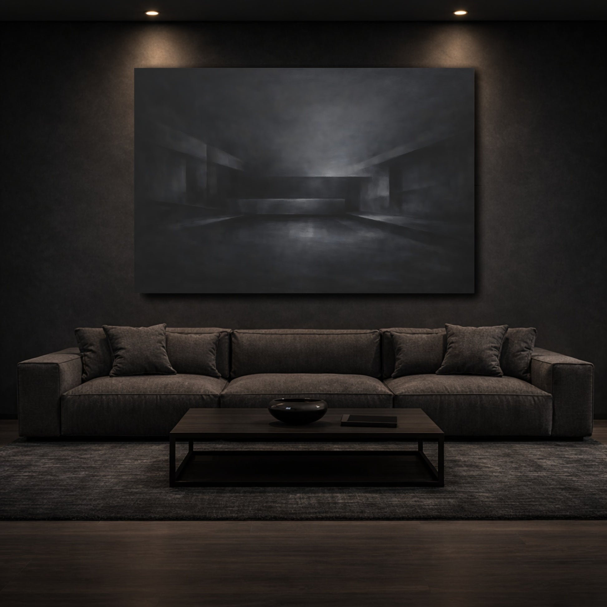 Mockup 2. Abstract Abstract Space Dark Grey Abstract shown as stretched canvas wall art