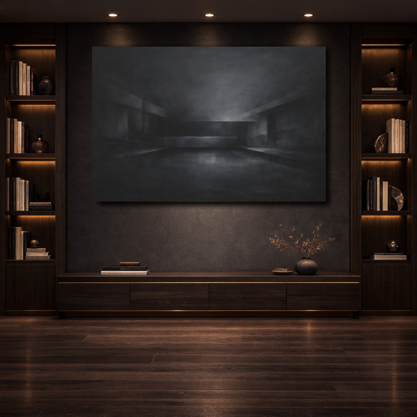 Mockup 3. Abstract Abstract Space Dark Grey Abstract shown as stretched canvas wall art