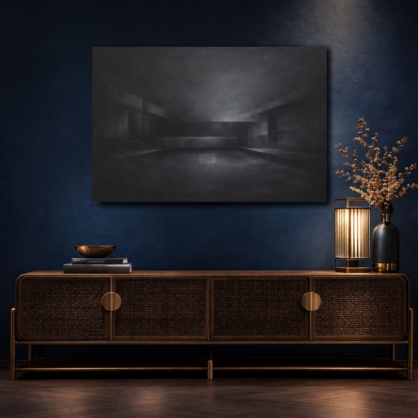 Mockup 4. Abstract Abstract Space Dark Grey Abstract shown as stretched canvas wall art