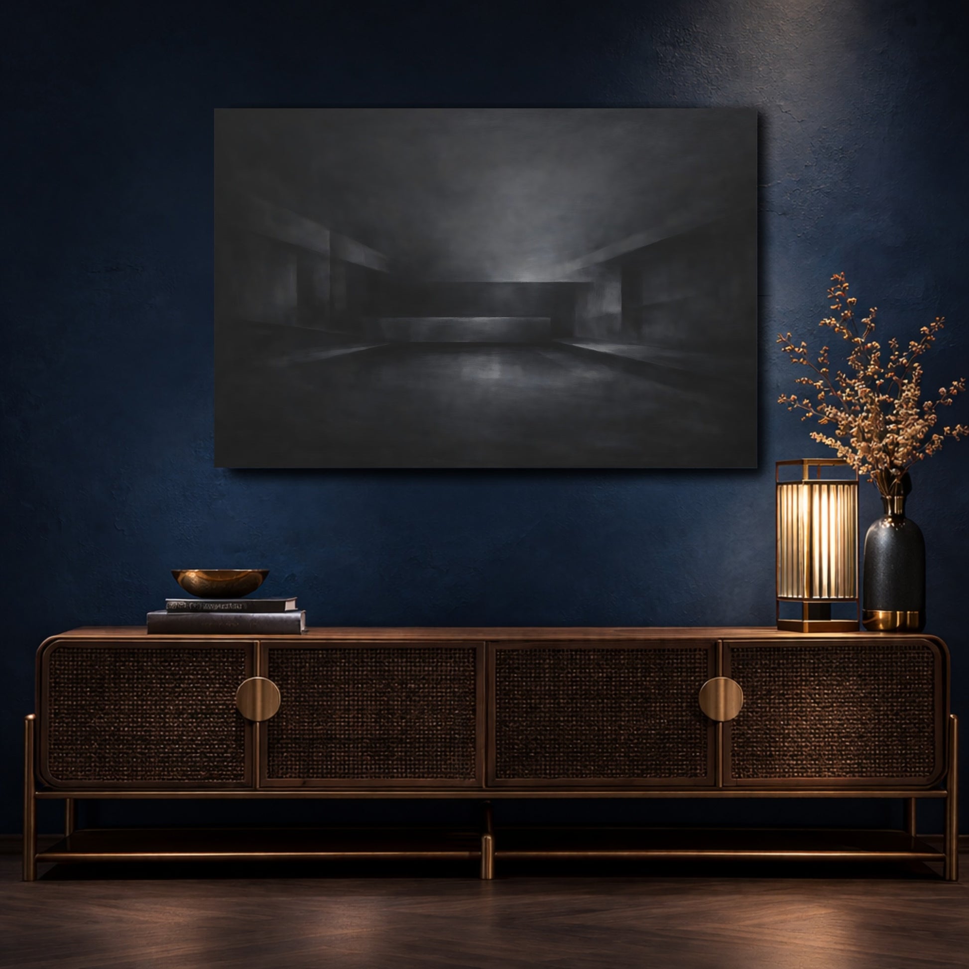 Mockup 4. Abstract Abstract Space Dark Grey Abstract shown as stretched canvas wall art