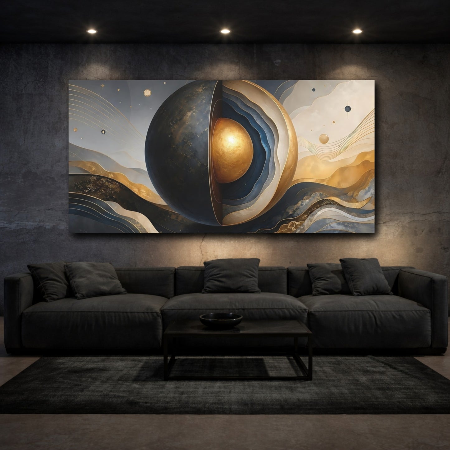 Mockup 2. Abstract Abstract Sphere Abstract Blue Gold shown as stretched canvas wall art