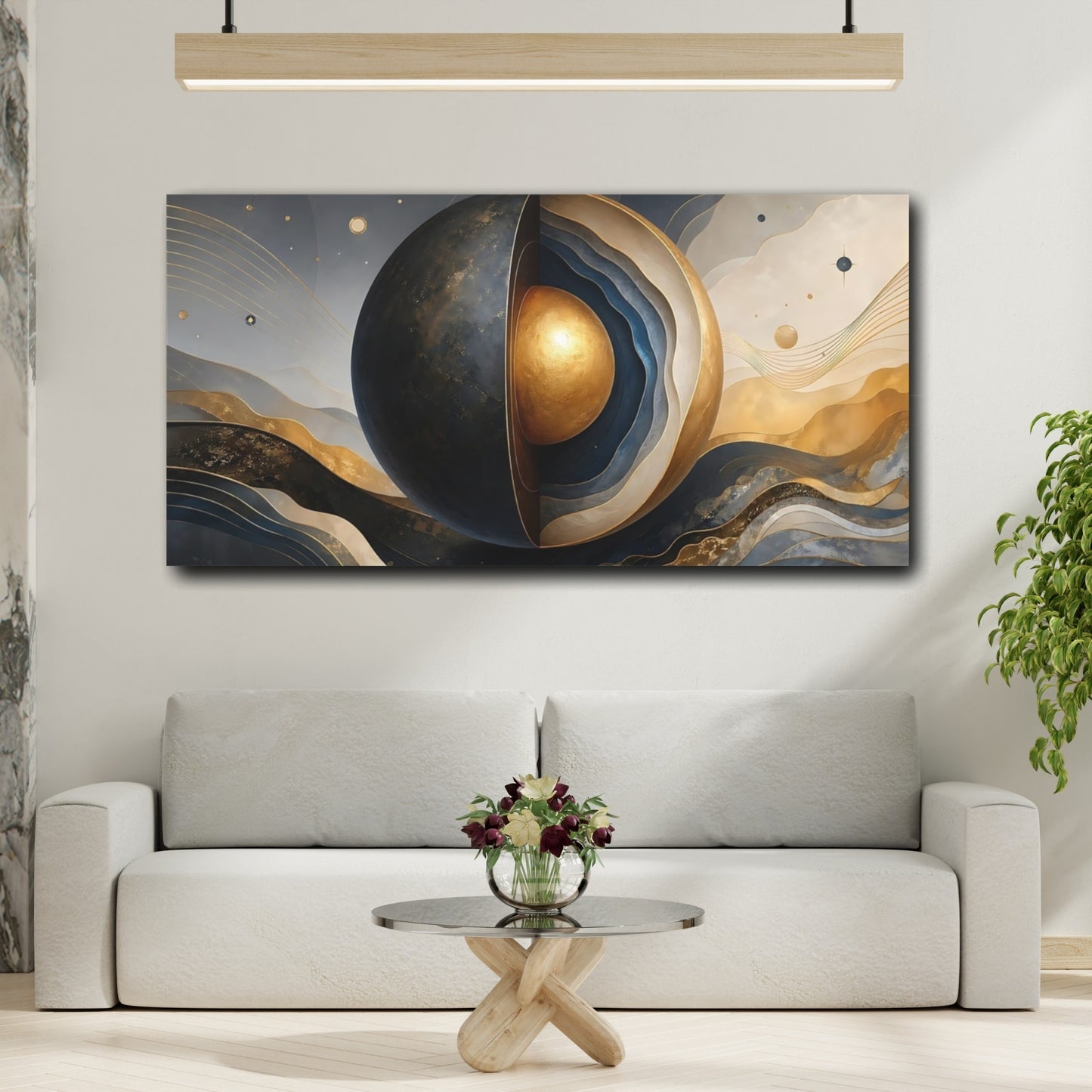 Mockup 3. Abstract Abstract Sphere Abstract Blue Gold shown as stretched canvas wall art