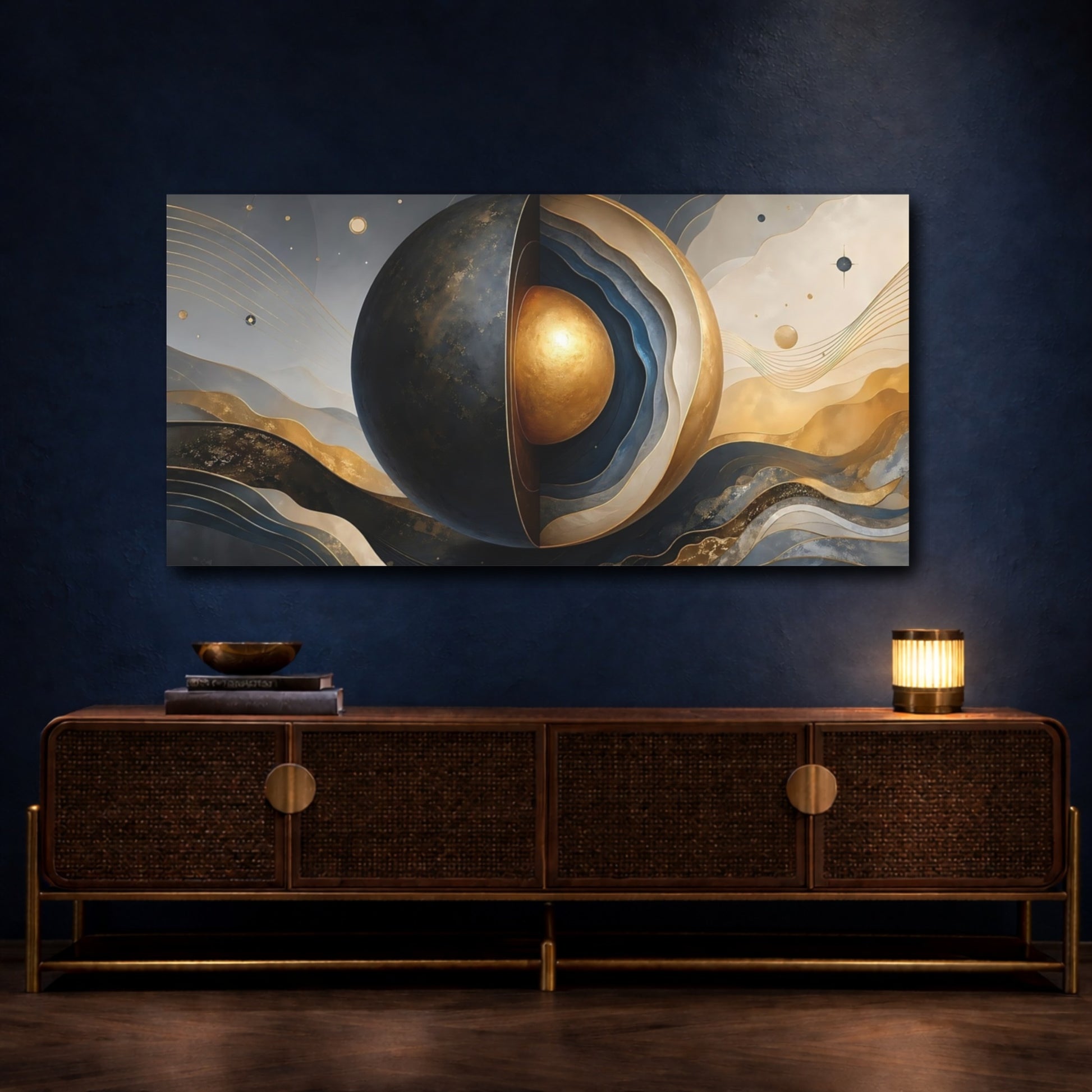 Mockup 4. Abstract Abstract Sphere Abstract Blue Gold shown as stretched canvas wall art