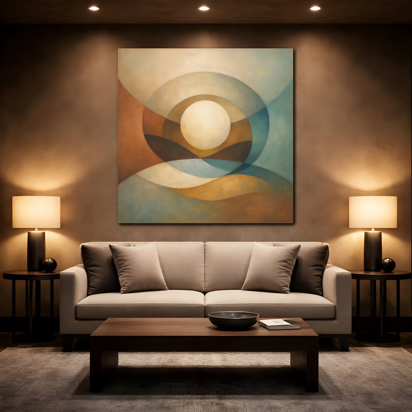 Mockup 2. Abstract Abstract Sphere Abstract Earth Tones shown as stretched canvas wall art