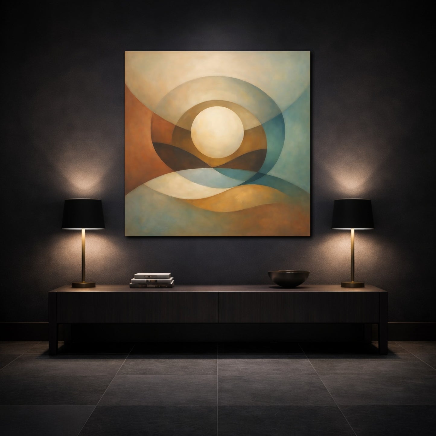 Mockup 3. Abstract Abstract Sphere Abstract Earth Tones shown as stretched canvas wall art