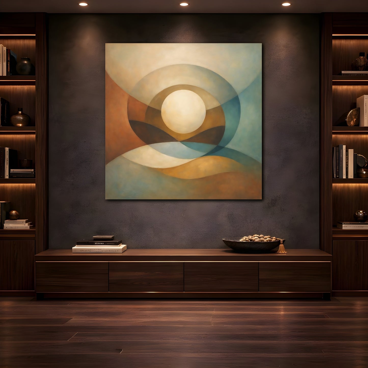 Mockup 4. Abstract Abstract Sphere Abstract Earth Tones shown as stretched canvas wall art