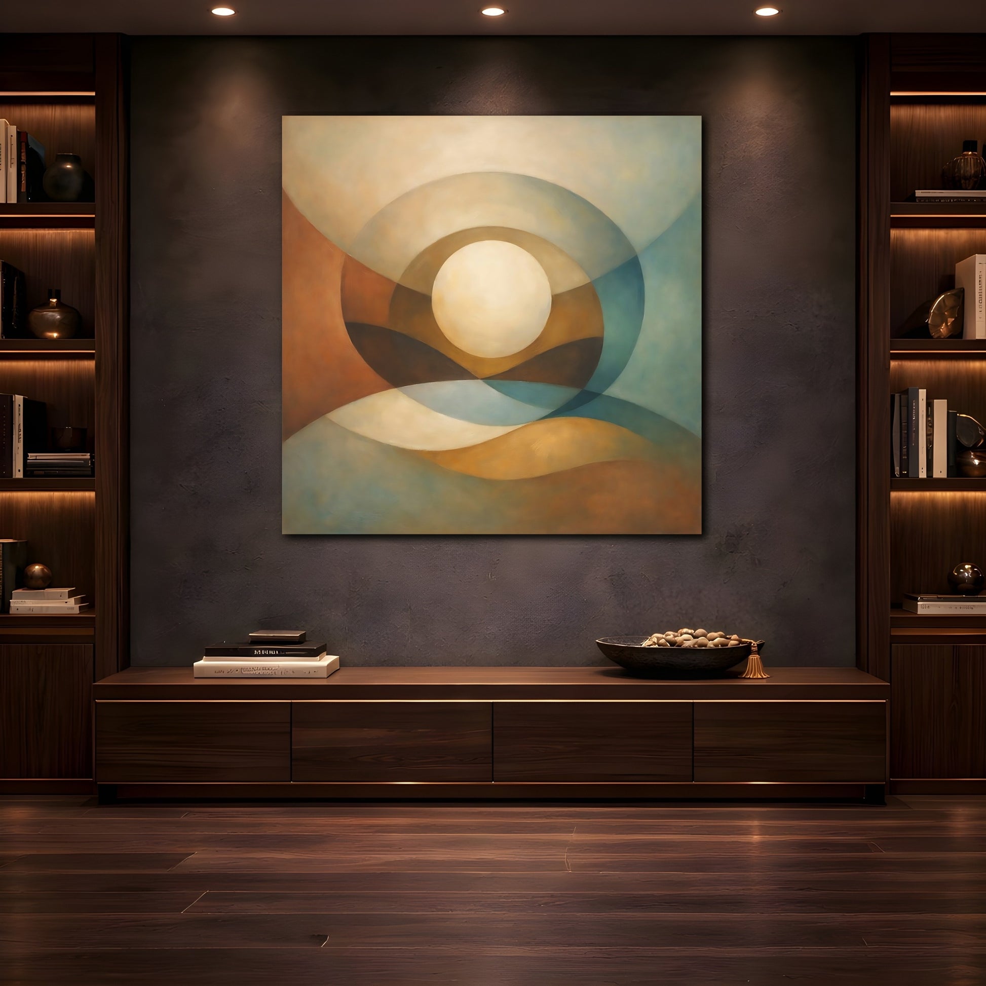 Mockup 4. Abstract Abstract Sphere Abstract Earth Tones shown as stretched canvas wall art