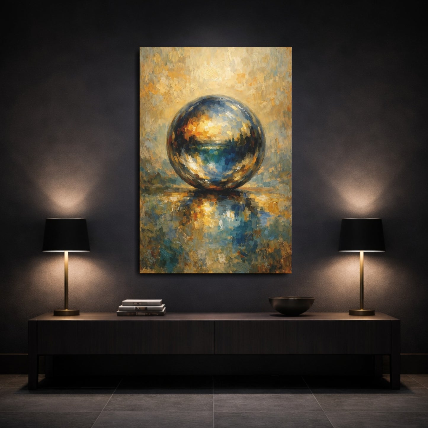 Mockup 2. Abstract Abstract Sphere Blue And Gold Sphere shown as stretched canvas wall art