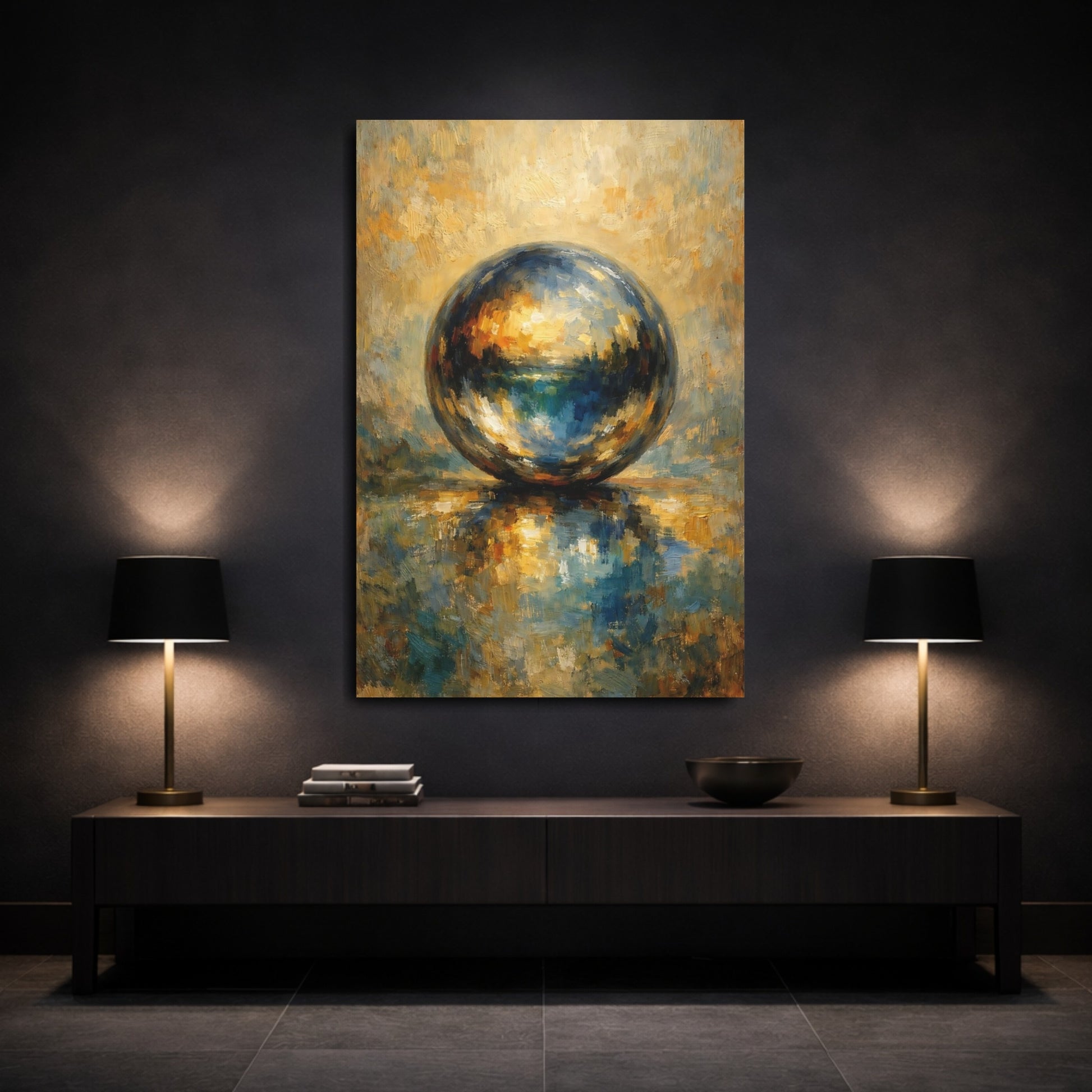 Mockup 2. Abstract Abstract Sphere Blue And Gold Sphere shown as stretched canvas wall art