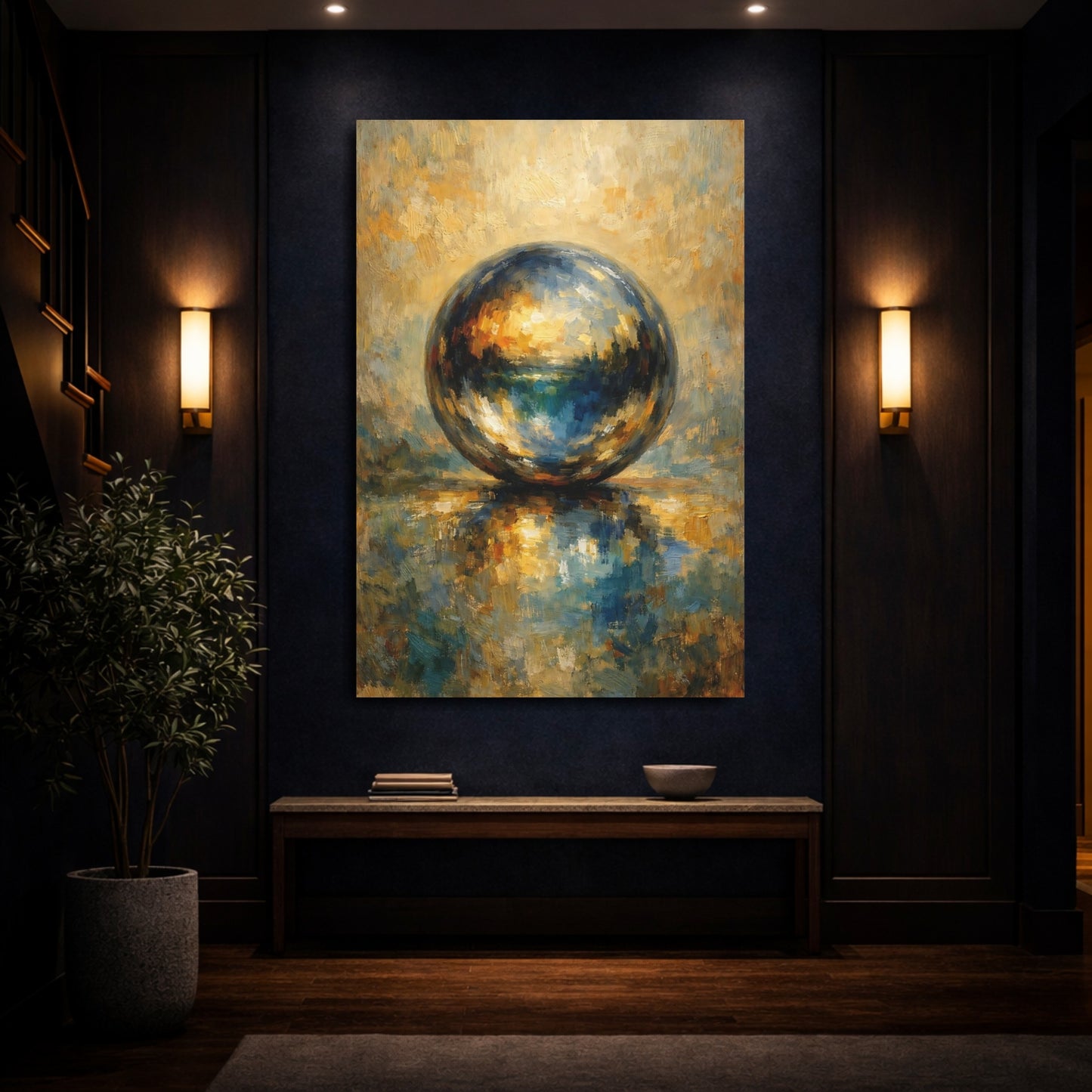 Mockup 3. Abstract Abstract Sphere Blue And Gold Sphere shown as stretched canvas wall art