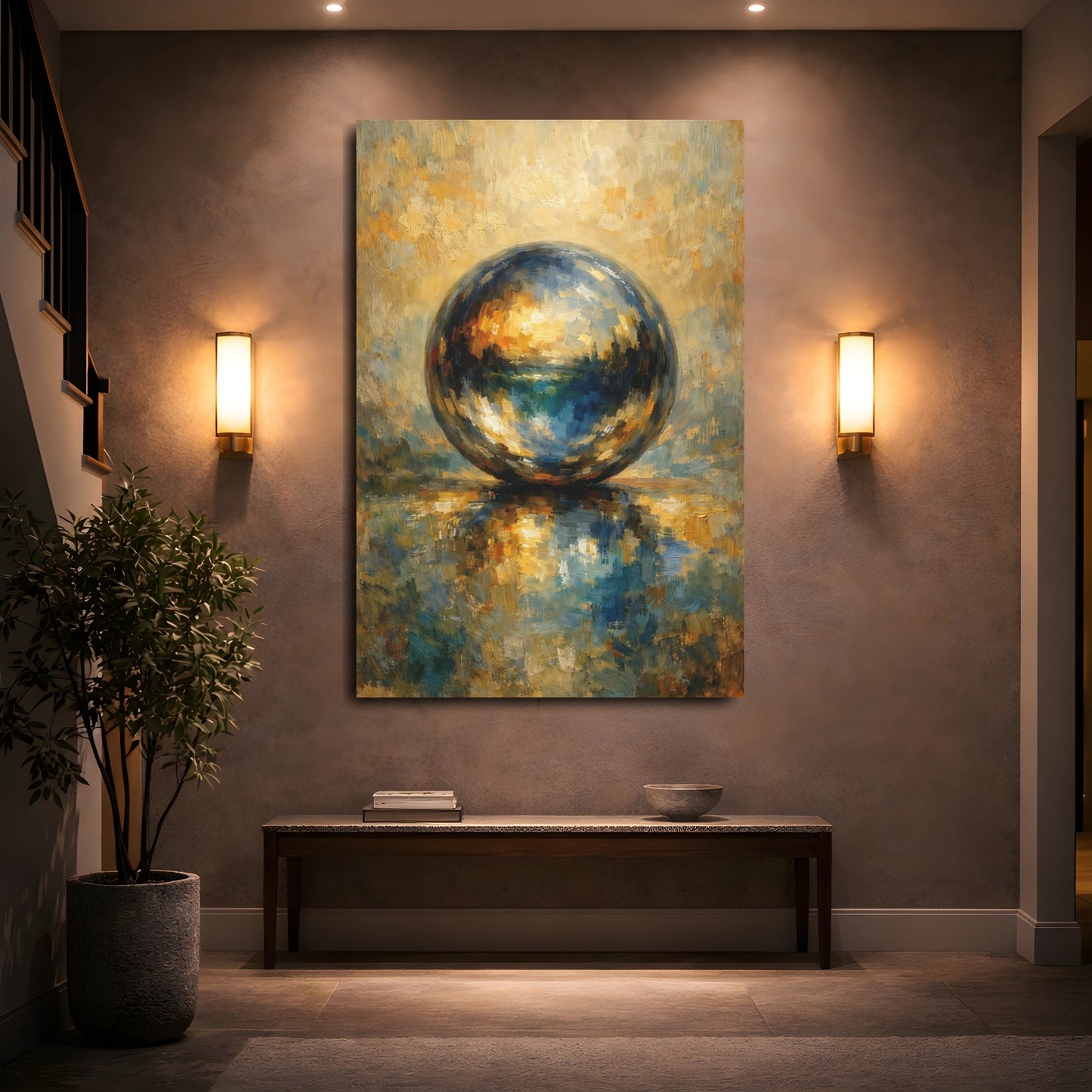 Mockup 4. Abstract Abstract Sphere Blue And Gold Sphere shown as stretched canvas wall art
