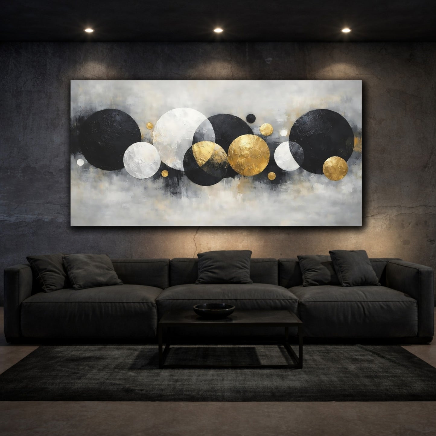 Mockup 2. Abstract Abstract Spheres Black Gold Abstract shown as stretched canvas wall art