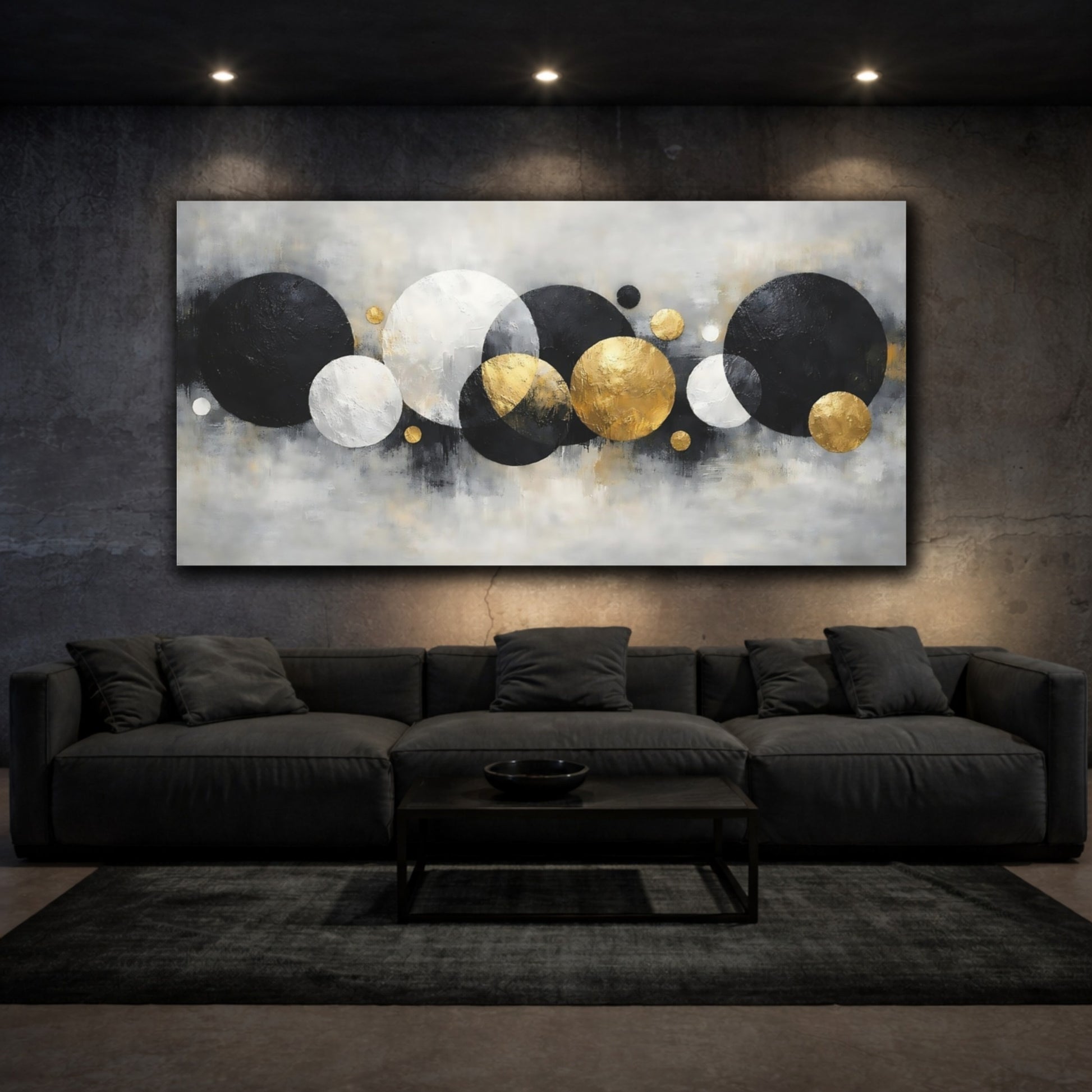 Mockup 2. Abstract Abstract Spheres Black Gold Abstract shown as stretched canvas wall art