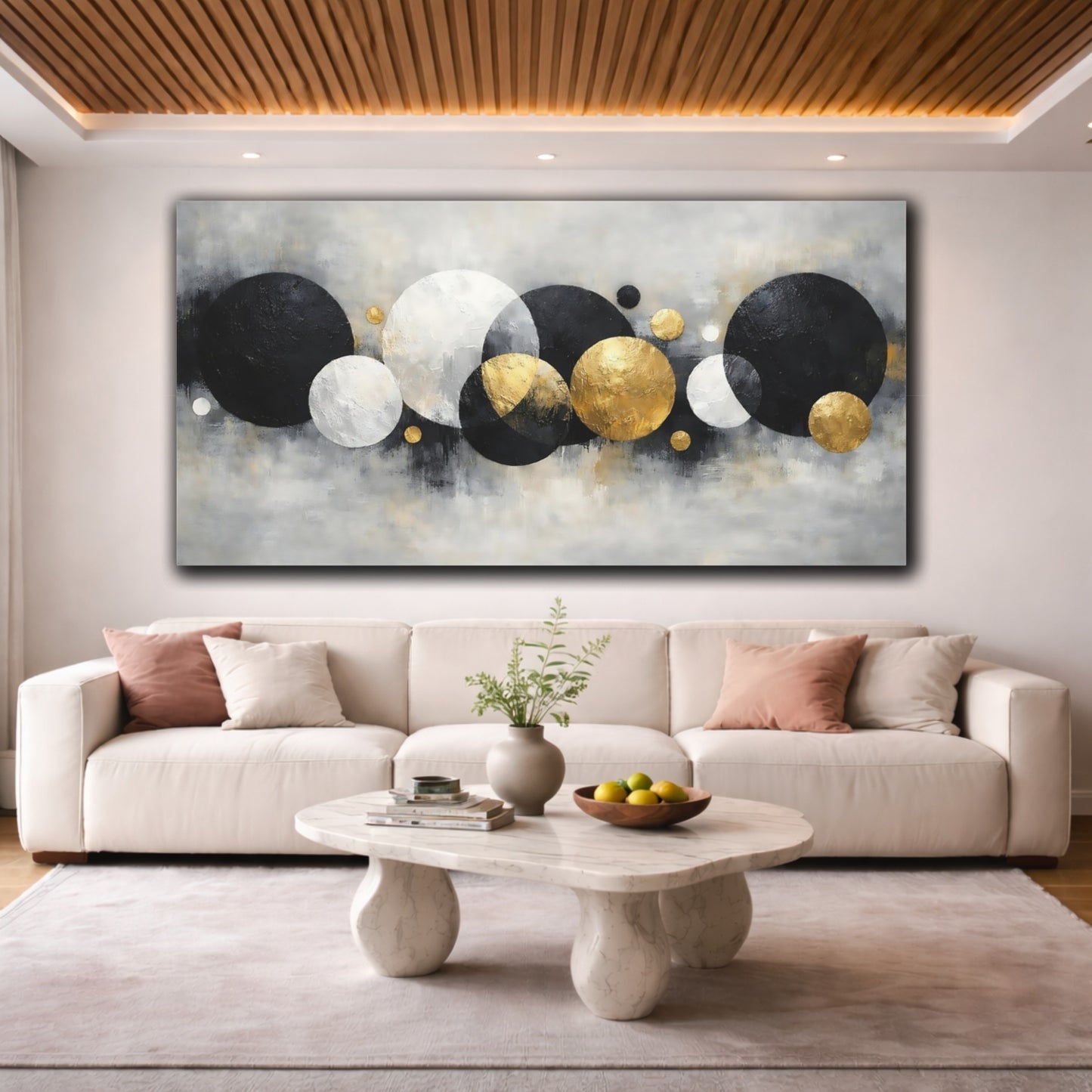 Mockup 3. Abstract Abstract Spheres Black Gold Abstract shown as stretched canvas wall art
