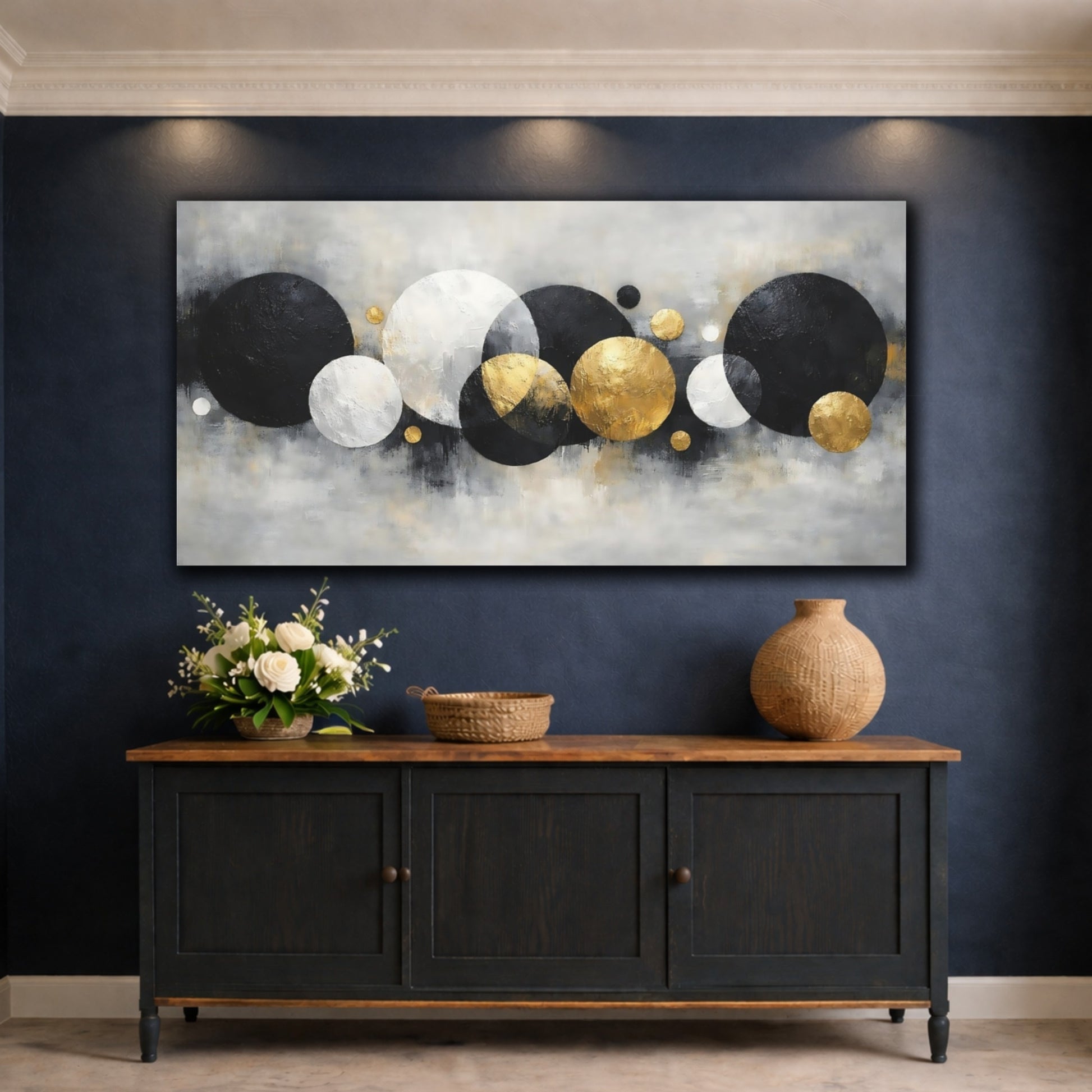 Mockup 4. Abstract Abstract Spheres Black Gold Abstract shown as stretched canvas wall art