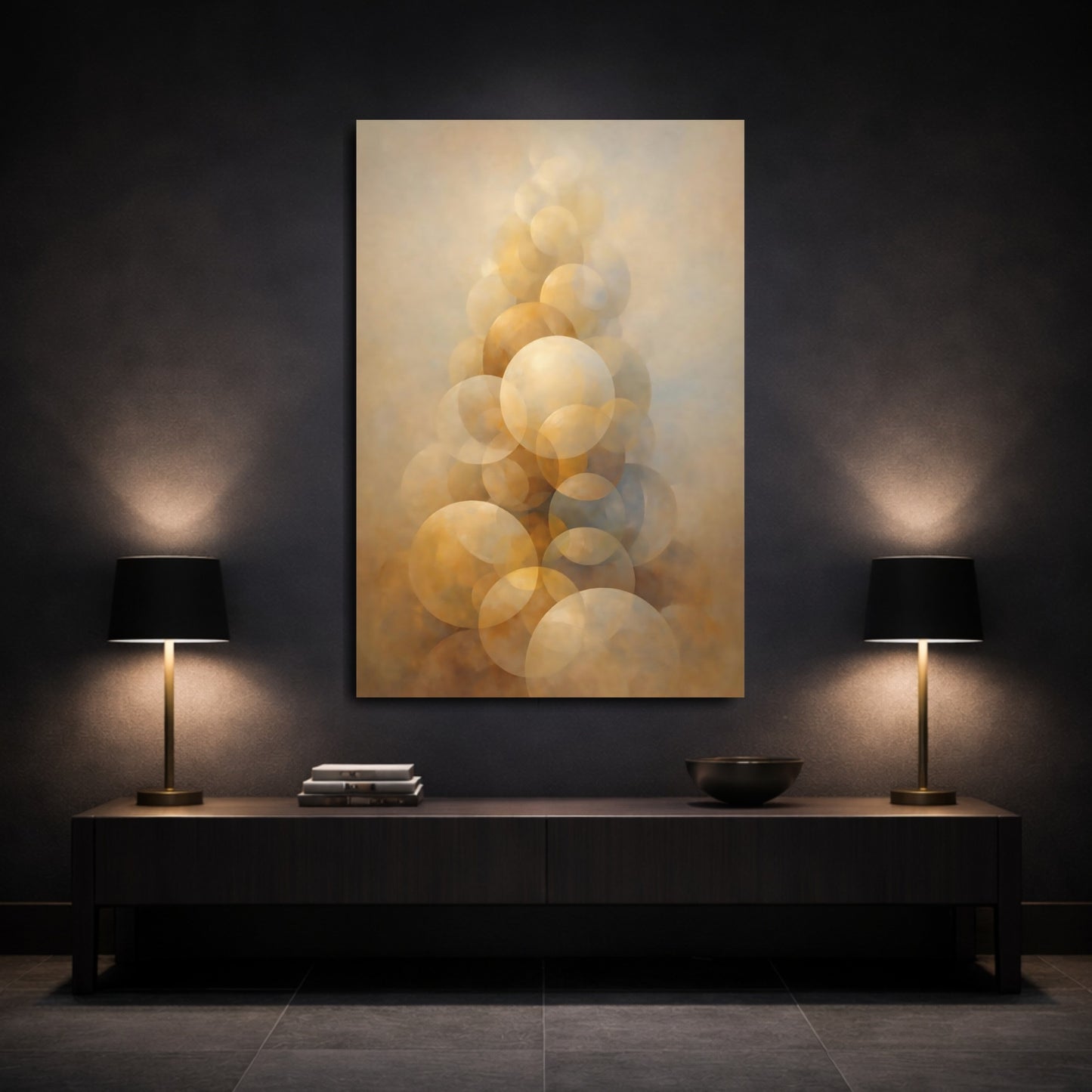 Mockup 2. Abstract Abstract Spheres Brown And Gold shown as stretched canvas wall art