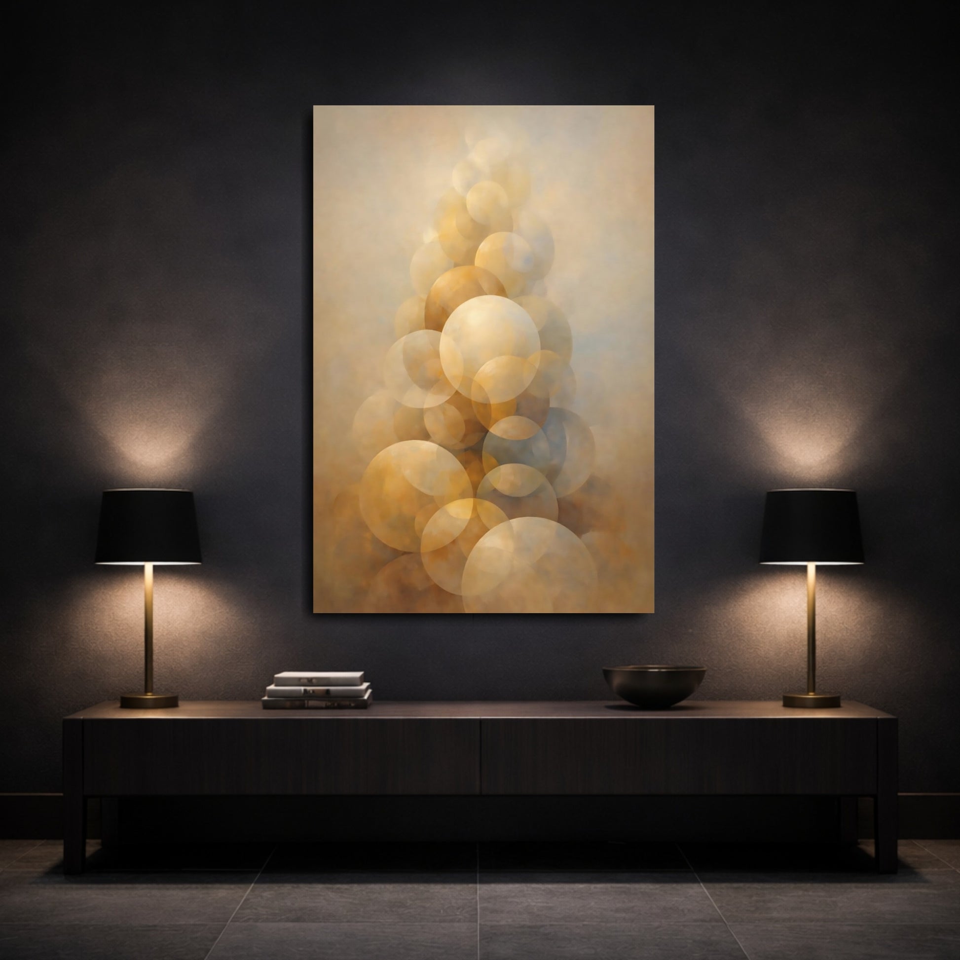 Mockup 2. Abstract Abstract Spheres Brown And Gold shown as stretched canvas wall art