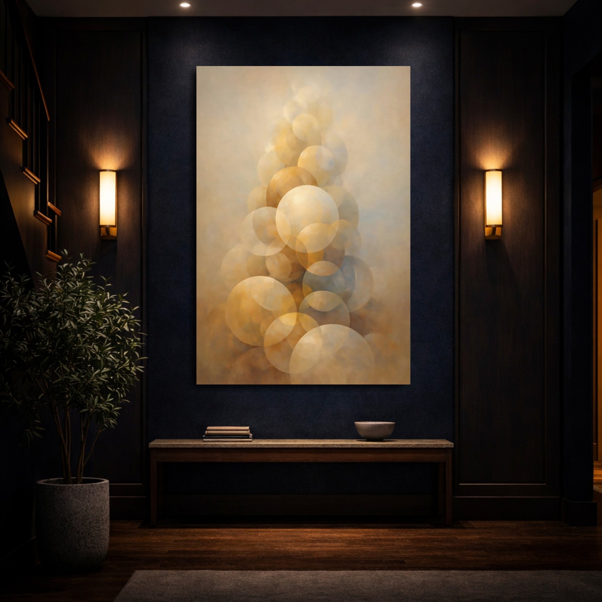Mockup 3. Abstract Abstract Spheres Brown And Gold shown as stretched canvas wall art