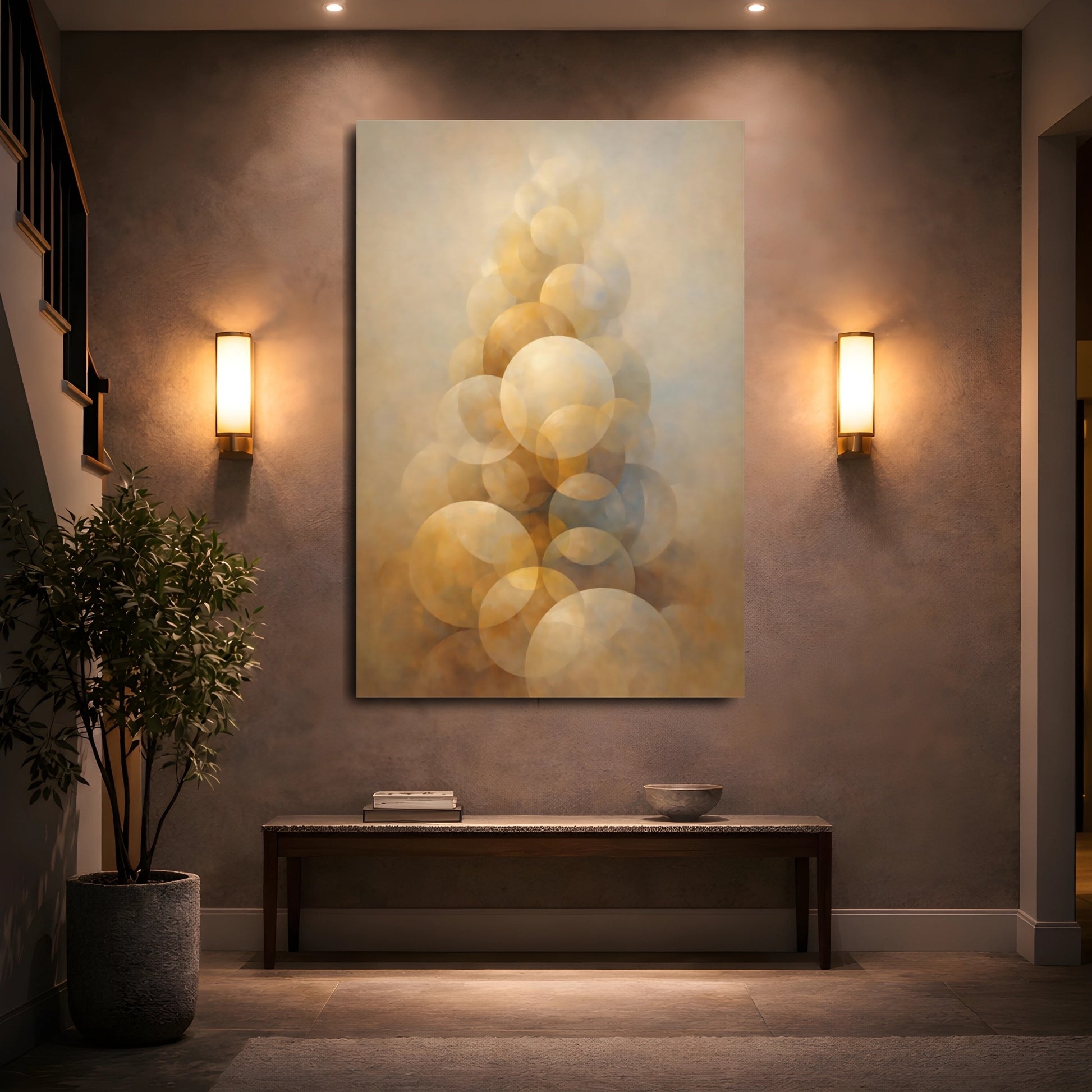 Mockup 4. Abstract Abstract Spheres Brown And Gold shown as stretched canvas wall art