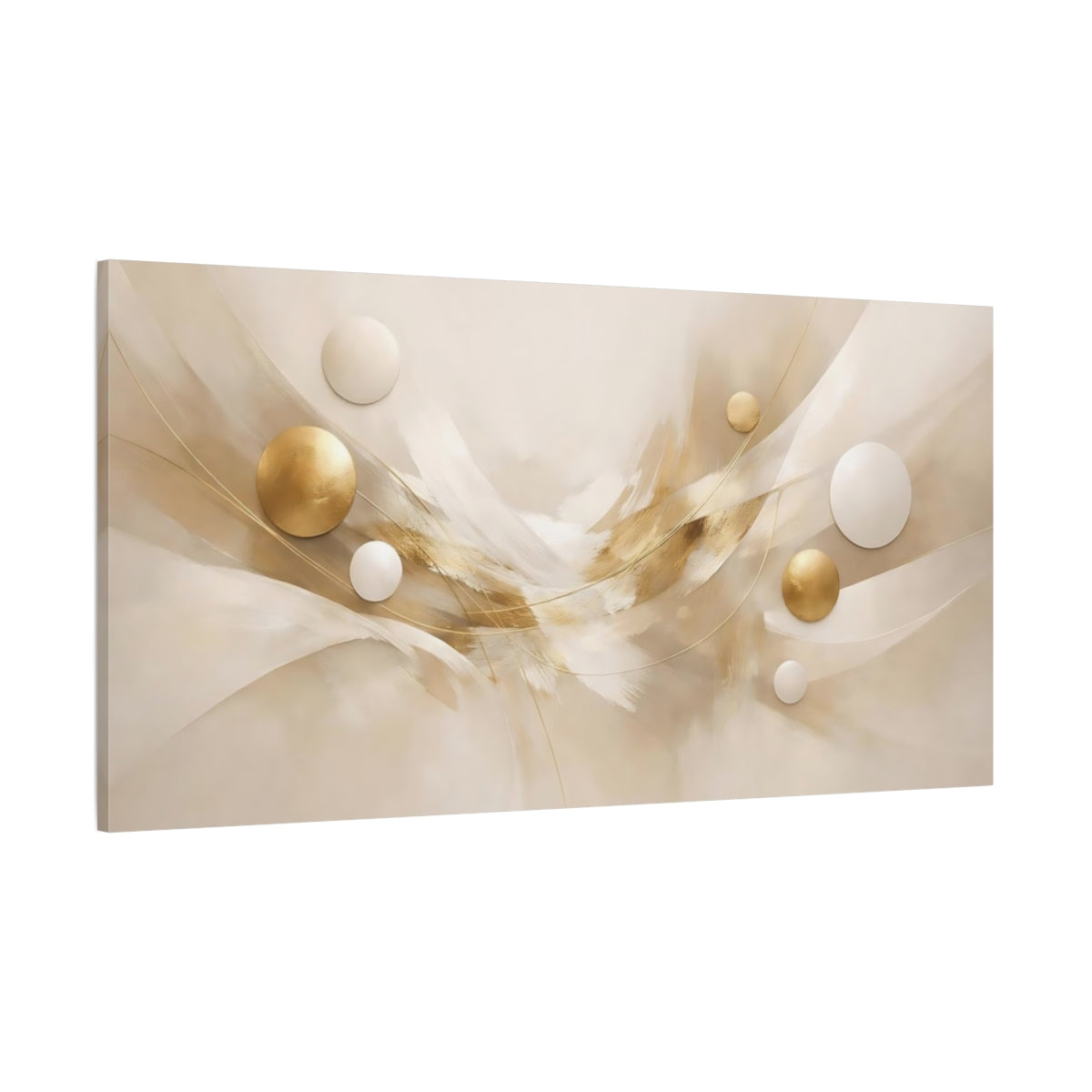 Main Mockup. Abstract Abstract Spheres Gold And Beige Abstract shown as stretched canvas wall art