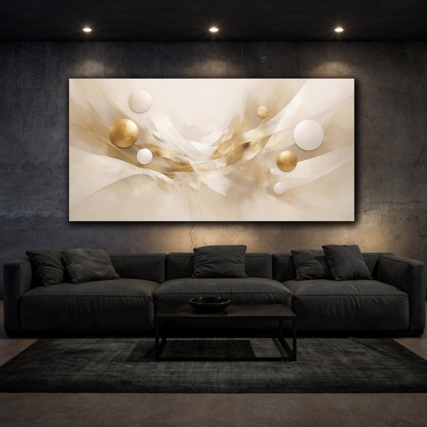 Mockup 2. Abstract Abstract Spheres Gold And Beige Abstract shown as stretched canvas wall art